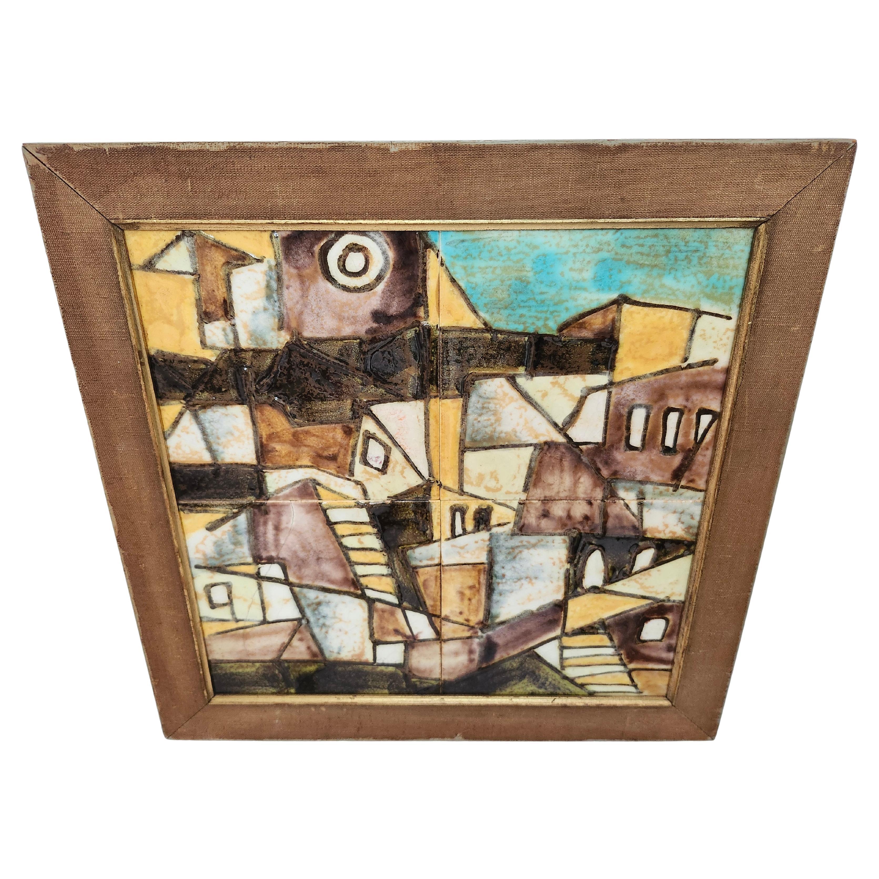 Scène de village méditerranéenne cubiste moderne du milieu du siècle dernier en carreaux par Harris Strong