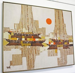 Mid-Century Modern Cubist Style Abstract Geometric Boat Sunset Oil Painting