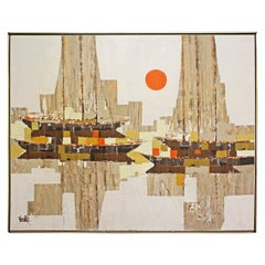 Peinture à l'huile moderne du milieu du siècle:: style cubiste:: abstraite:: géométrique:: bateau:: coucher de soleil