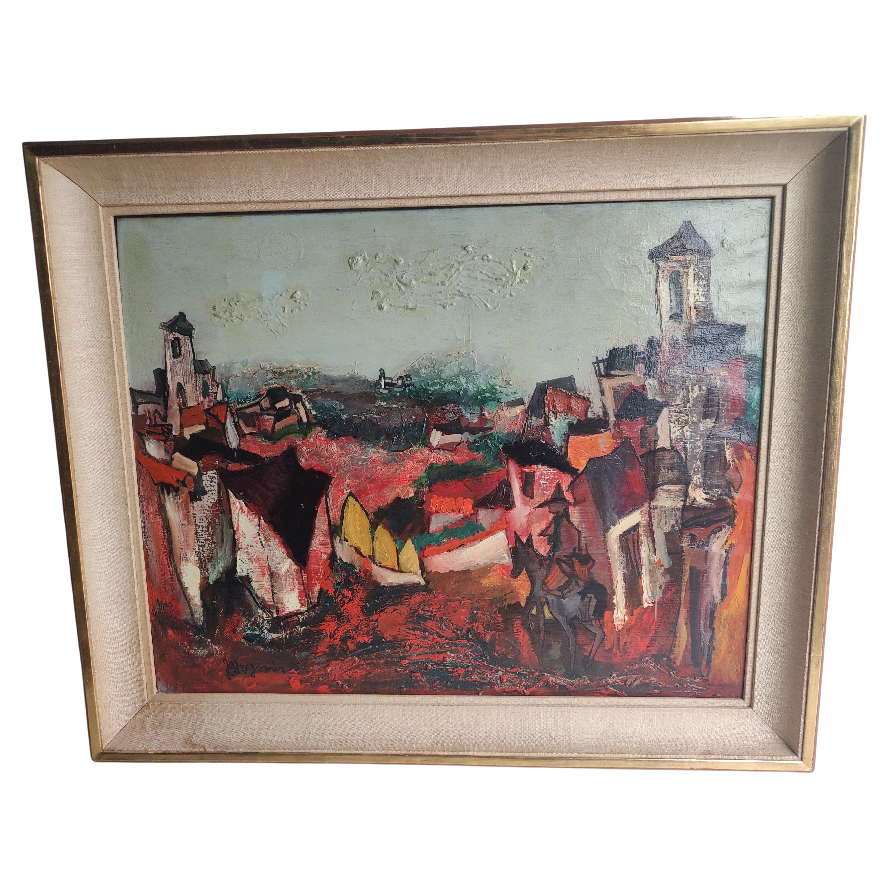 Mid-Century Modern Cubist Stylized Painting by Jean Claude Dragomir, 1954 For Sale