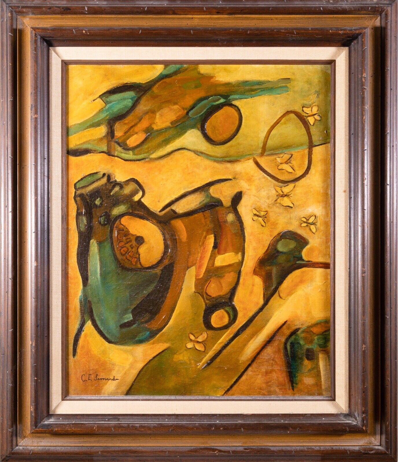 An expressive and intriguing oil painting on canvas signed C.E. Leonard. Hand signed bottom left as well as verso. Dated 1970. The cubist style composition depicts abstracted figures among butterflies in a warm ochre color palette. A surreal