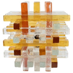 Mid-Century Modern Cubist Table Lamp in Veronese Amber Hued Glass by Poliarte