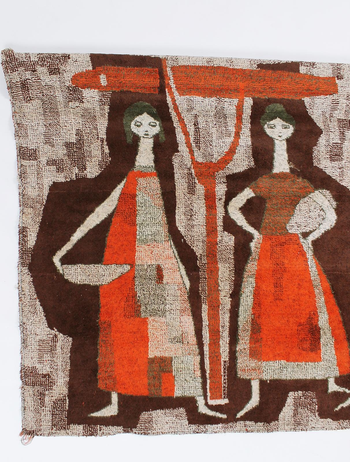 Designed in 1960s by a Hungarian artist, a cotton silk tapestry with rare warm colors. Wonderful modernist scene. In clean, flawless condition.