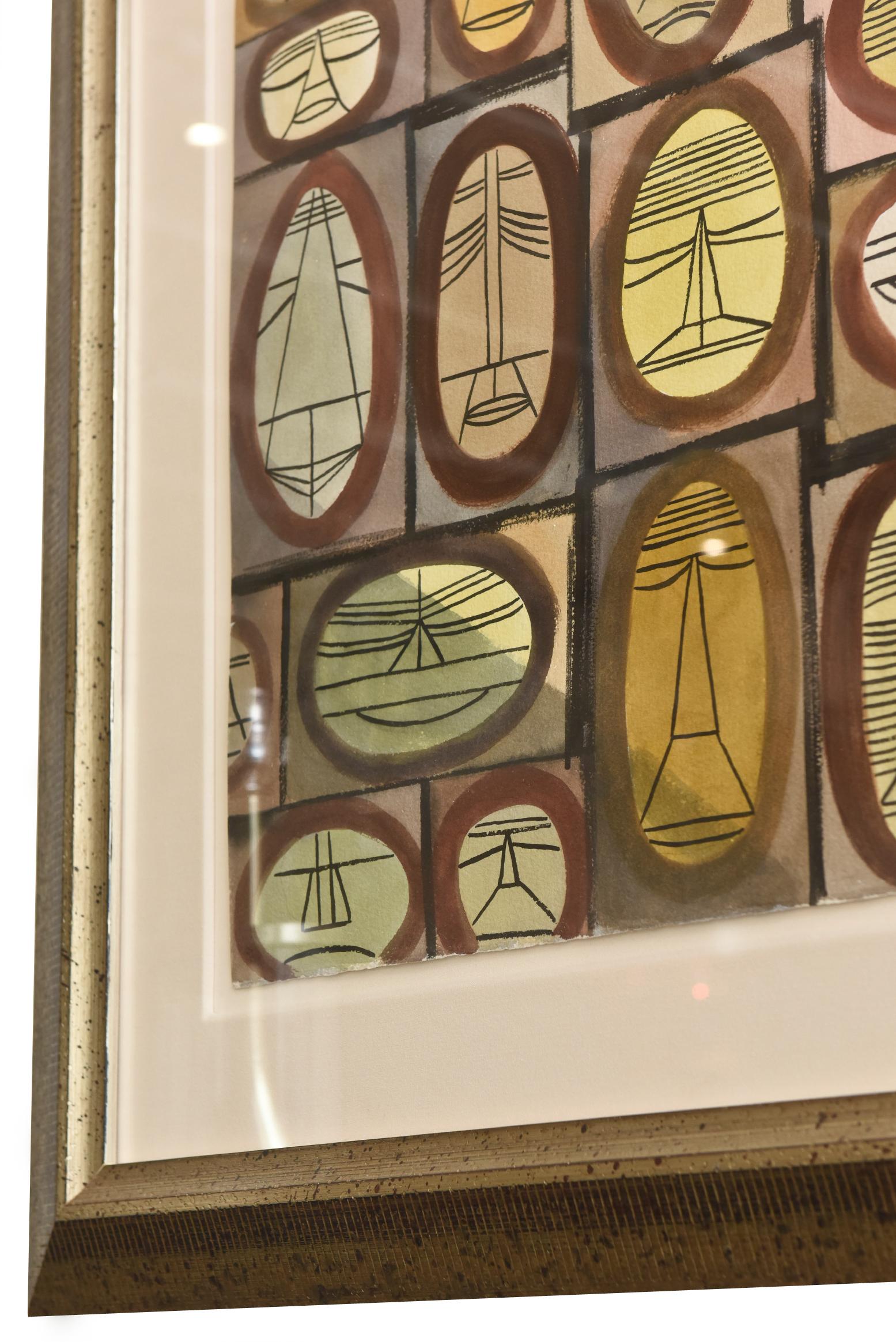 Mid-20th Century Mid-Century Modern Cubist Watercolor by William Henry Custom Framed For Sale