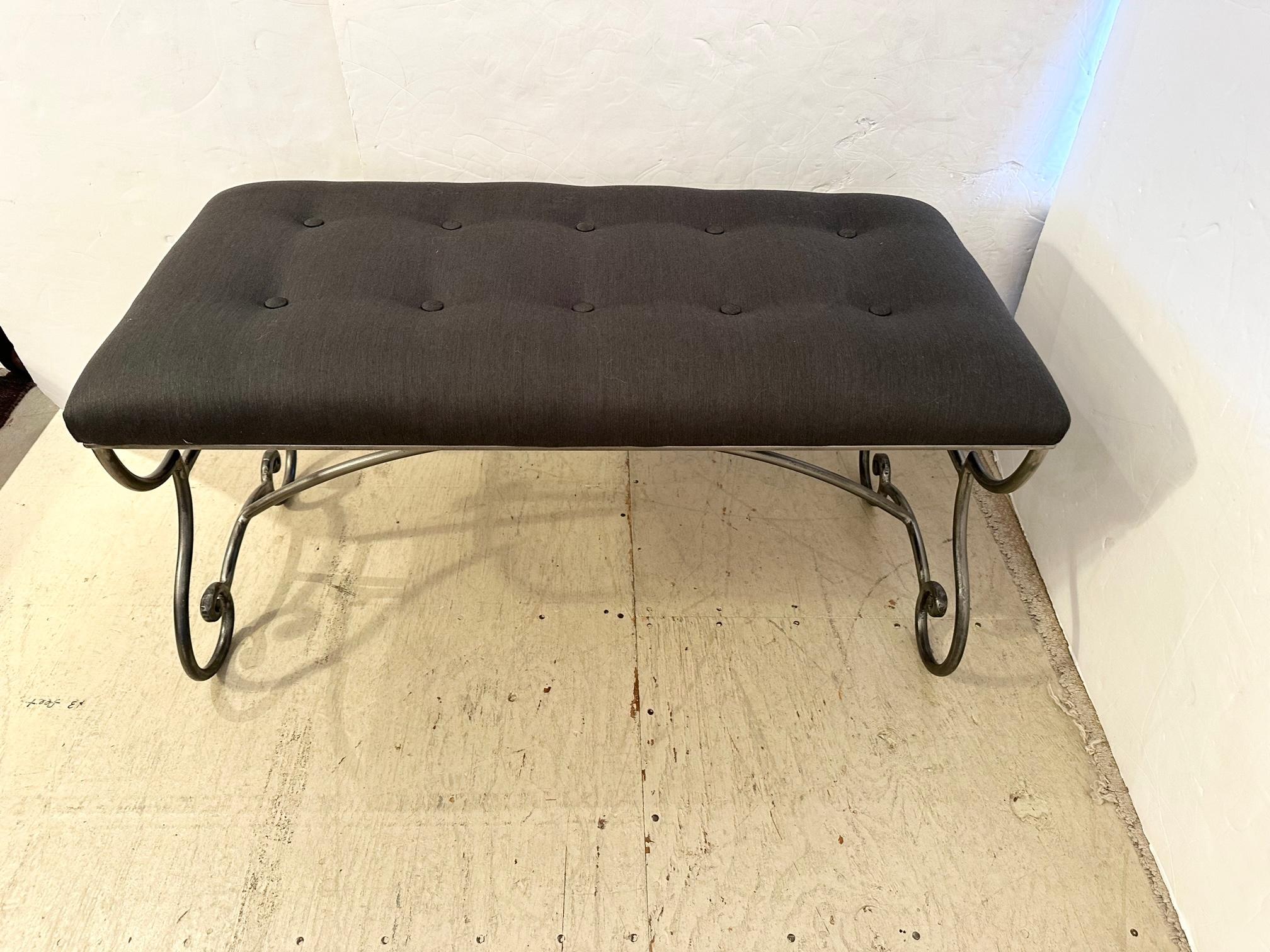 Mid Century Modern Curlicue Steel & Brass Upholstered Bench In Good Condition For Sale In Hopewell, NJ