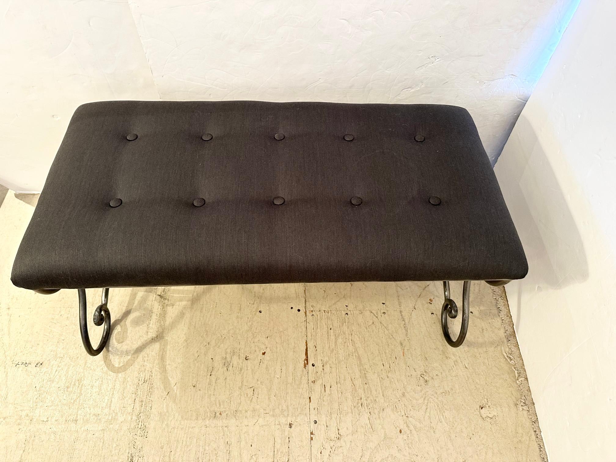 Late 20th Century Mid Century Modern Curlicue Steel & Brass Upholstered Bench For Sale