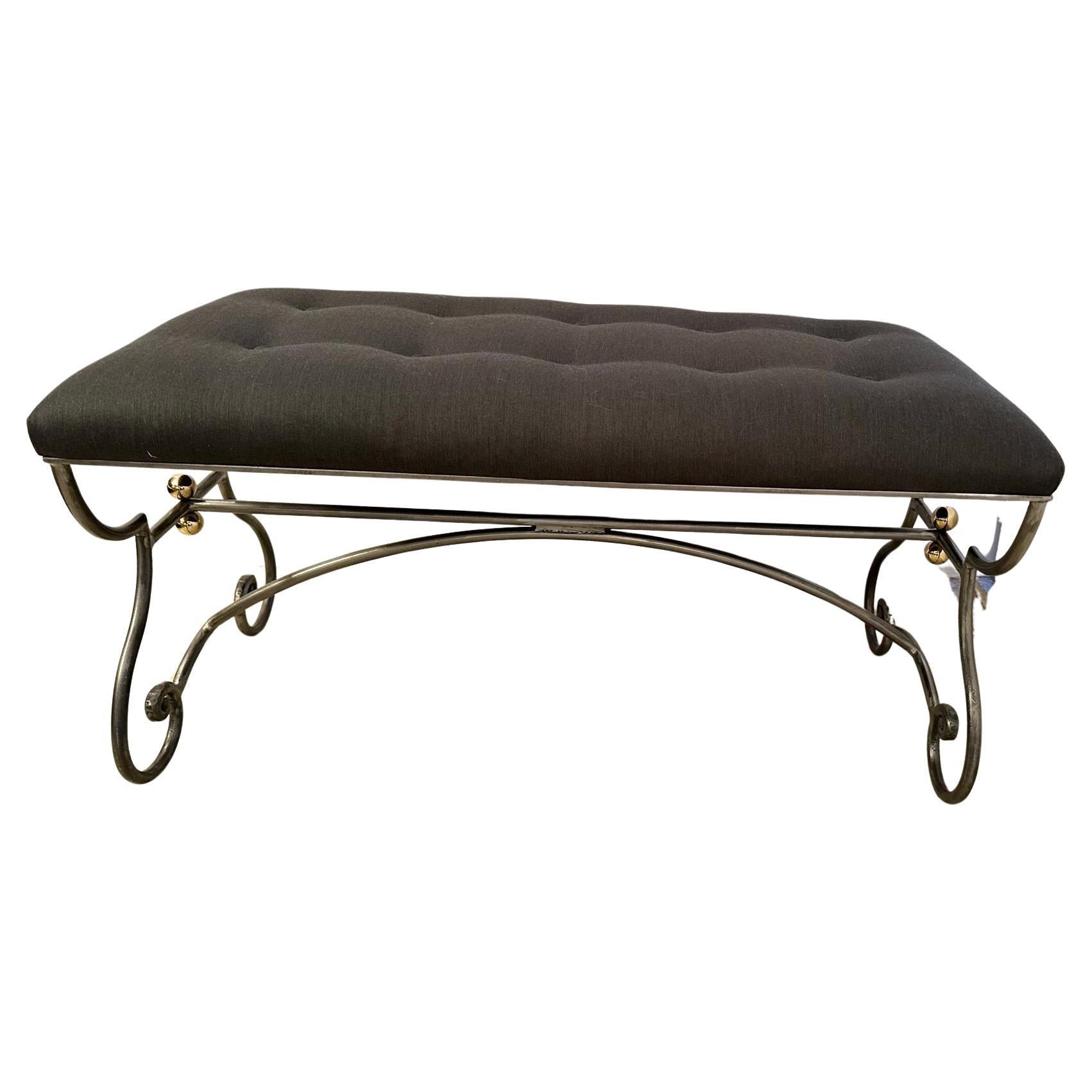 Mid Century Modern Curlicue Steel & Brass Upholstered Bench For Sale