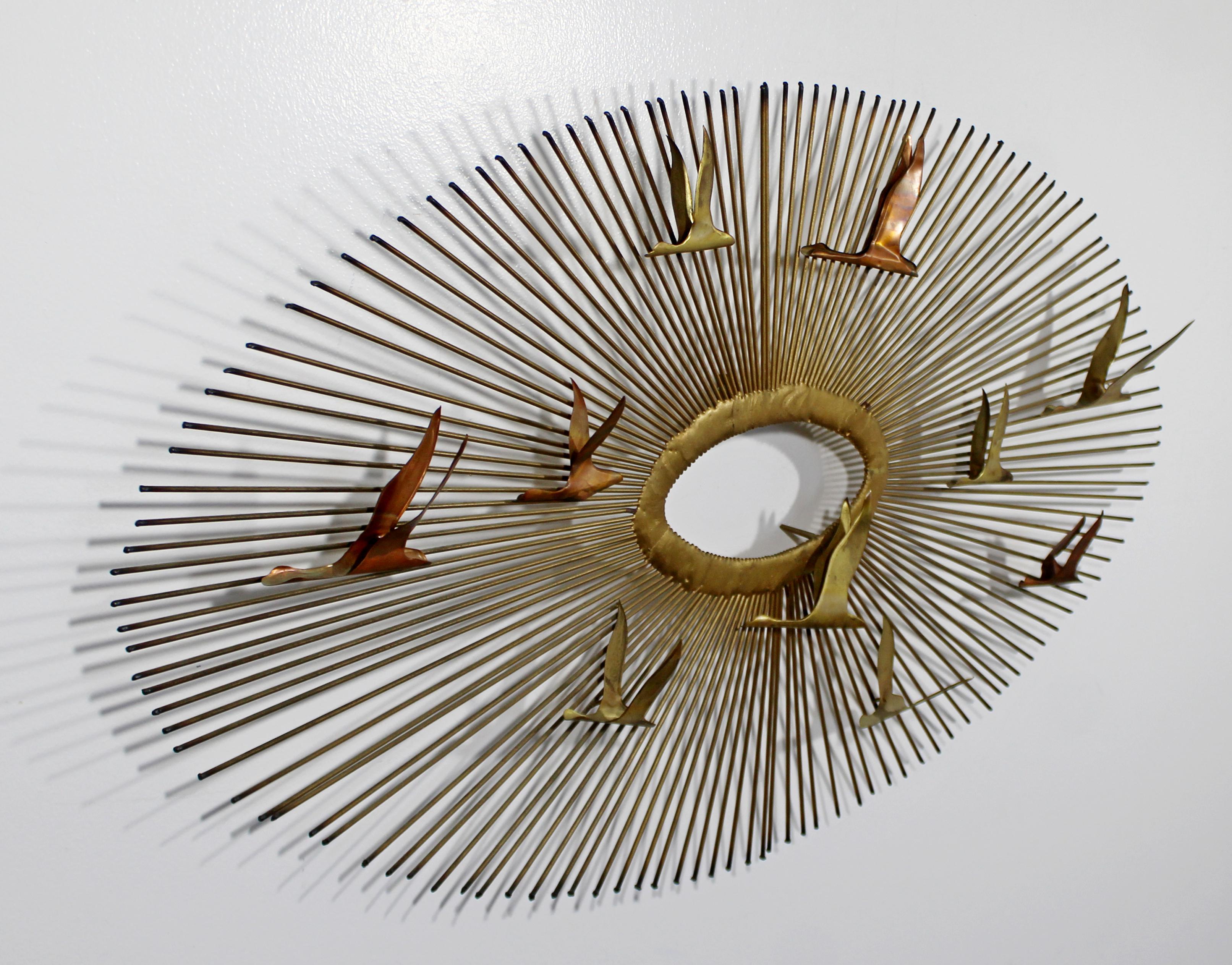 American Mid-Century Modern Curtis Jere Birds Sunburst Brass Hanging Wall Sculpture 1960s