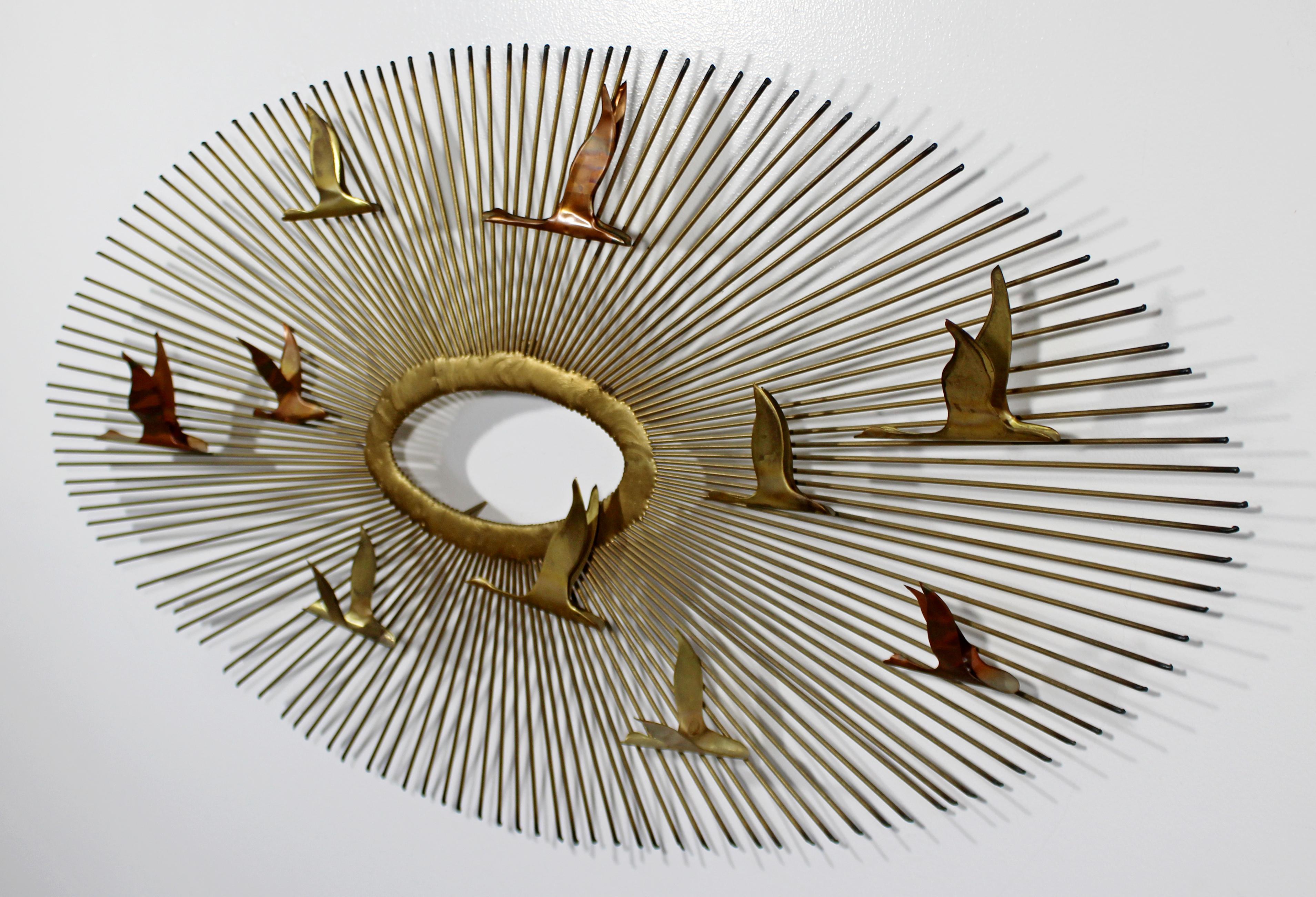 Mid-20th Century Mid-Century Modern Curtis Jere Birds Sunburst Brass Hanging Wall Sculpture 1960s
