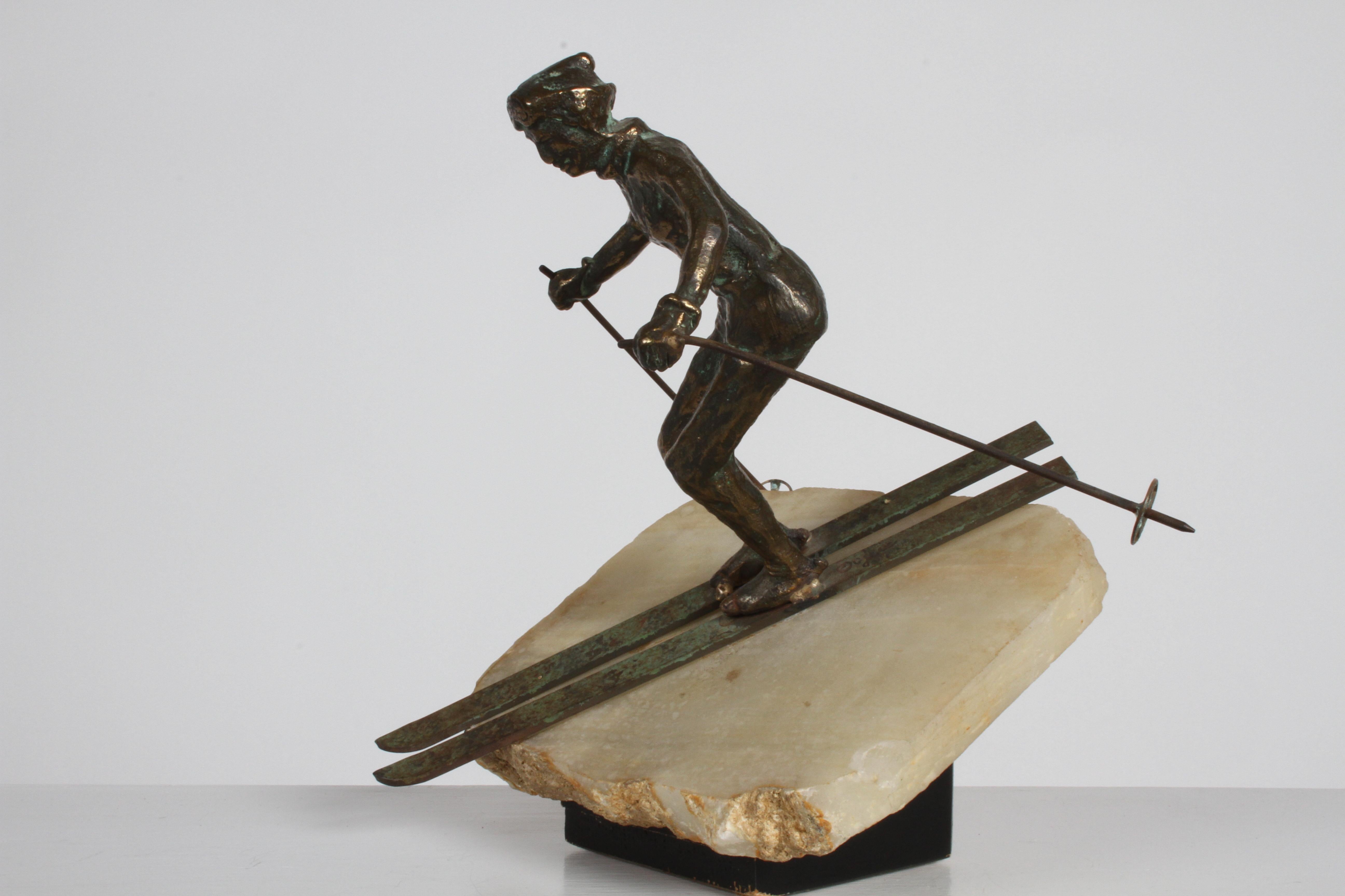 Mid-Century Modern Curtis Jere Bronze Downhill Skier Sculpture on Onyx Base 4