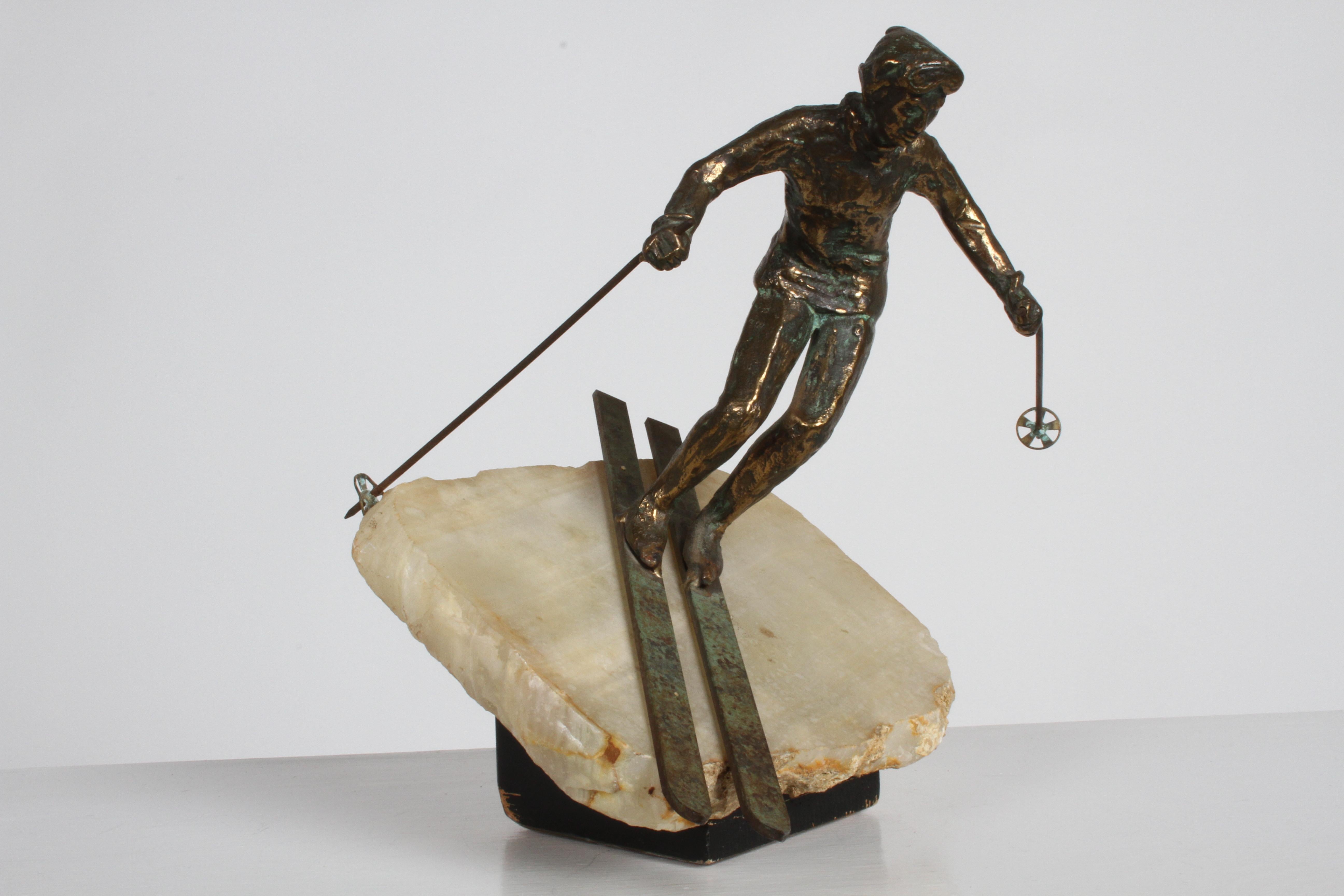 Mid-Century Modern Curtis Jere Bronze Downhill Skier Sculpture on Onyx Base 5
