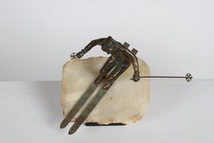 Mid-Century Modern Curtis Jere Bronze Downhill Skier Sculpture on Onyx Base
