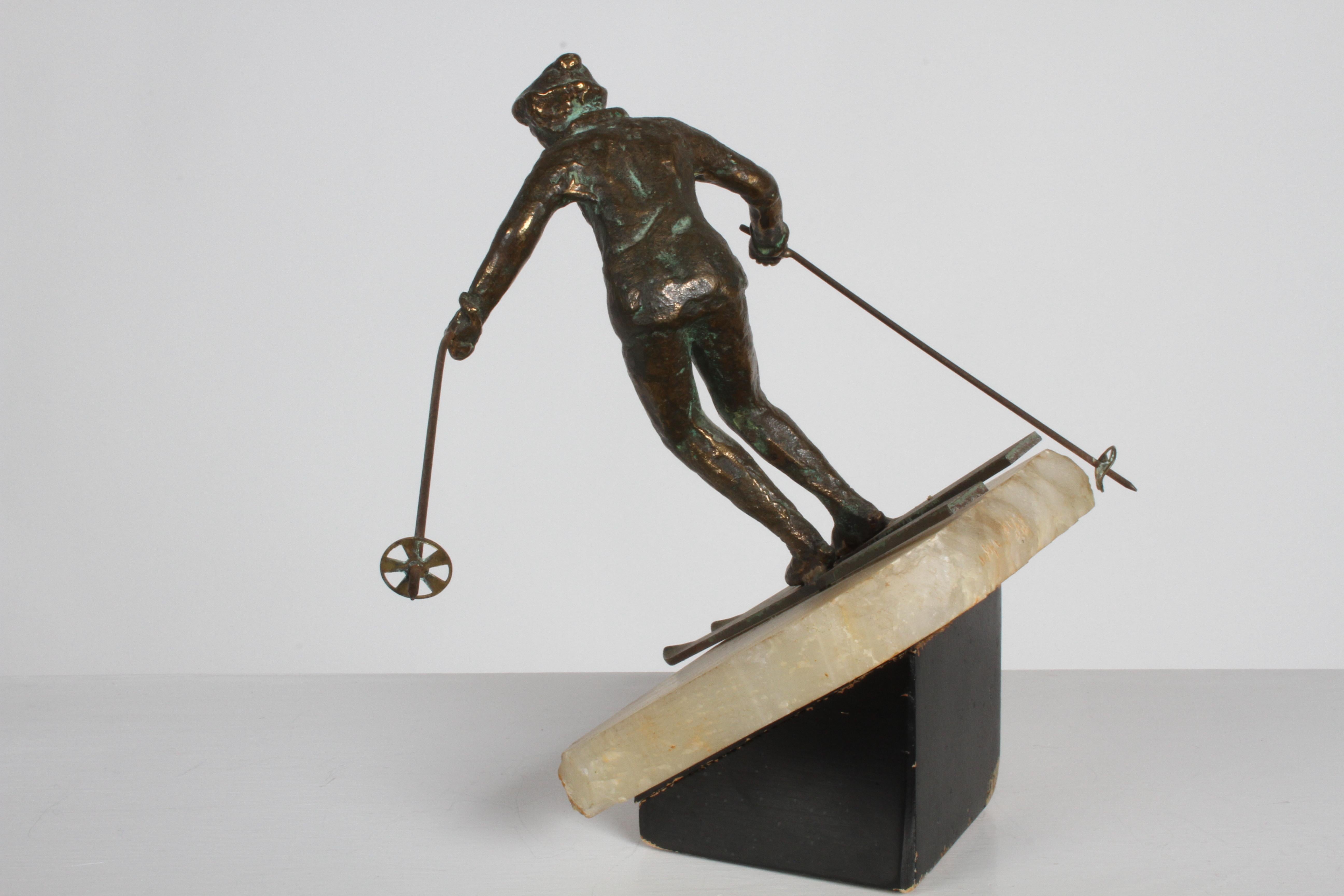 American Mid-Century Modern Curtis Jere Bronze Downhill Skier Sculpture on Onyx Base