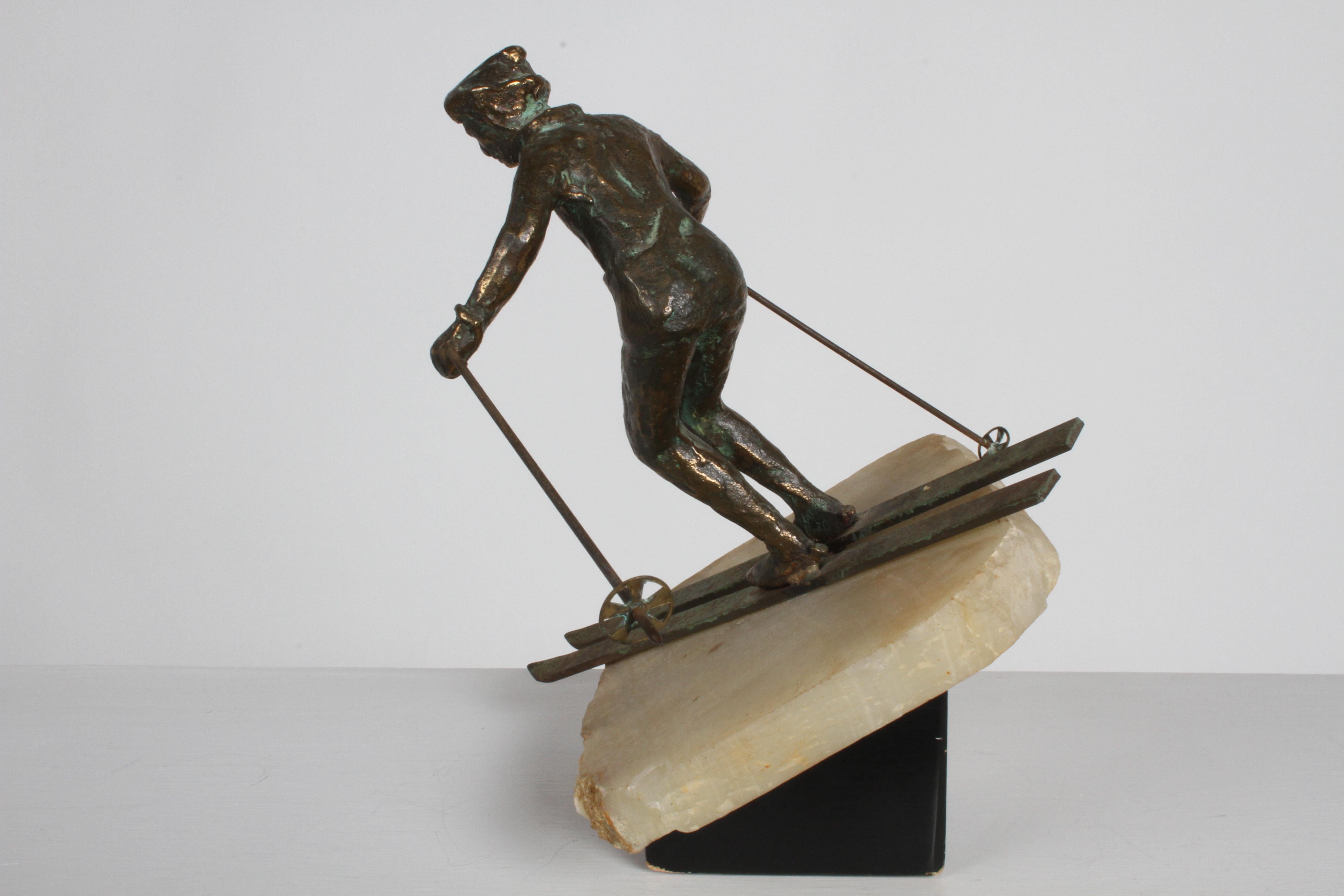 Mid-Century Modern Curtis Jere Bronze Downhill Skier Sculpture on Onyx Base In Good Condition In St. Louis, MO