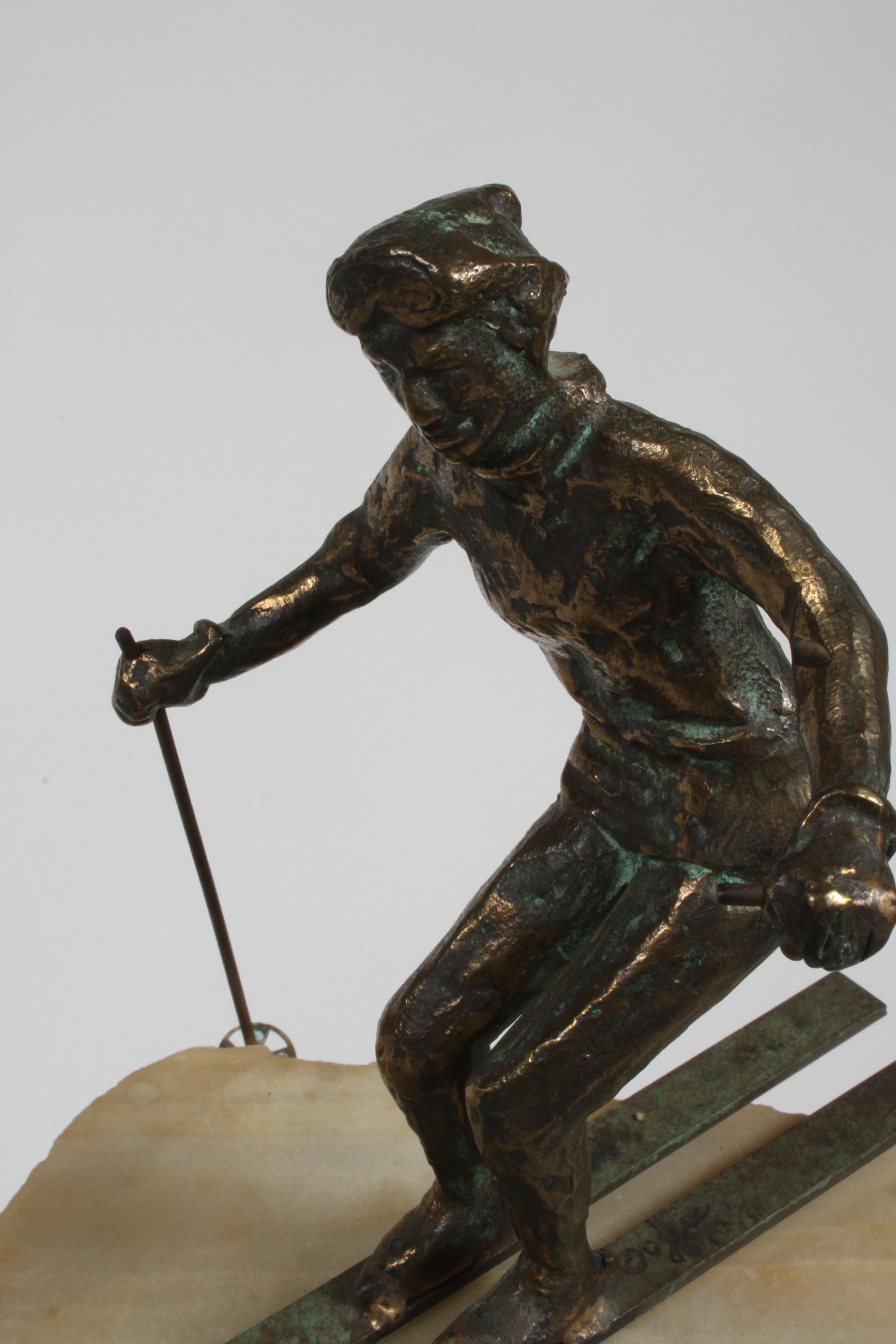 Mid-Century Modern Curtis Jere Bronze Downhill Skier Sculpture on Onyx Base 1