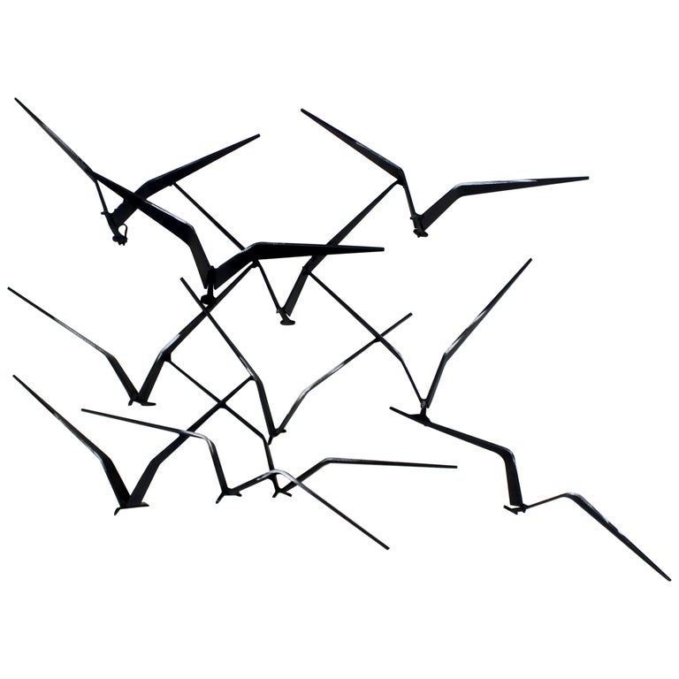 MidCentury Modern Curtis Jere Signed Black Iron Wall Sculpture Birds