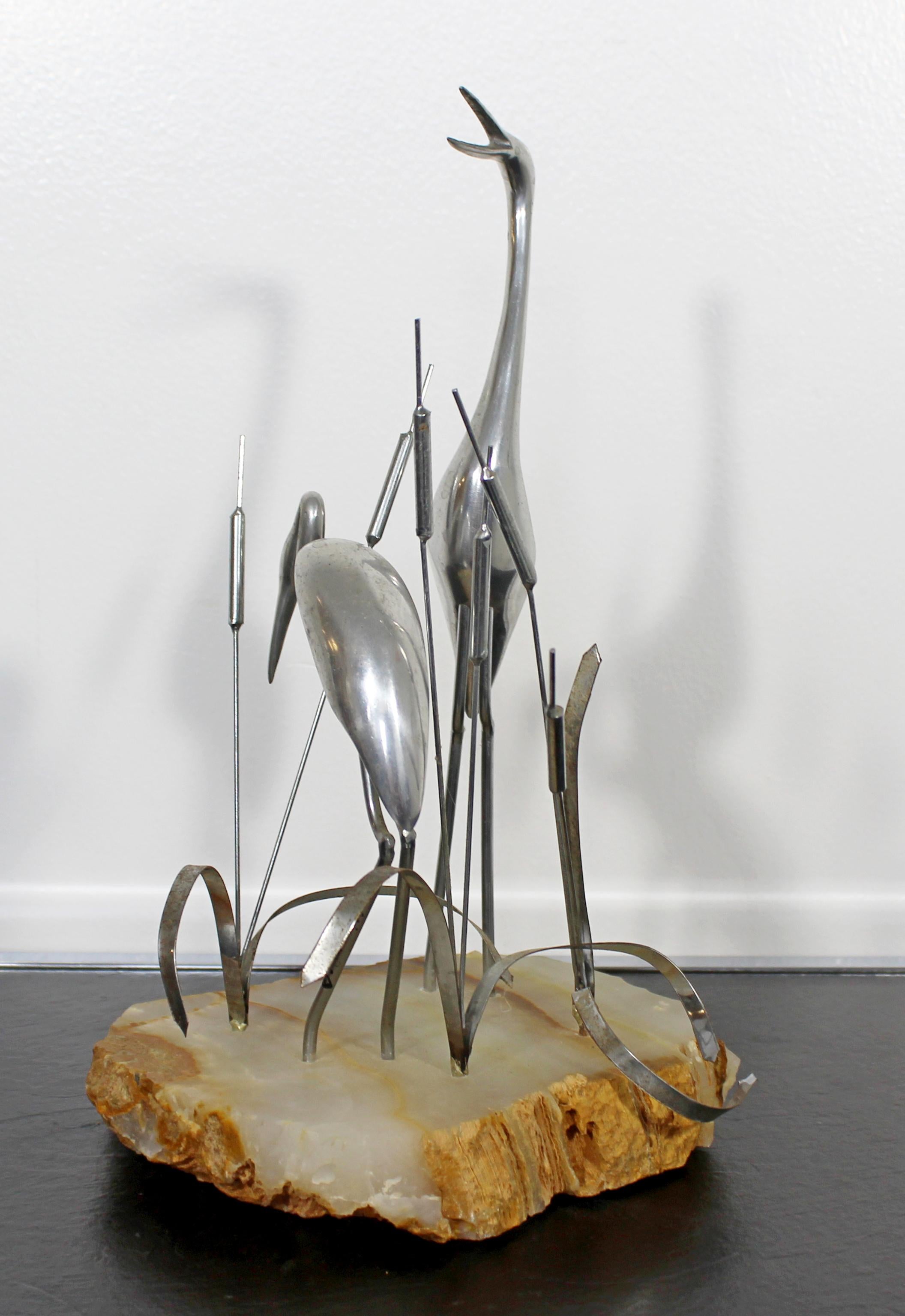 Late 20th Century Mid-Century Modern Curtis Jere Signed Metal Stone Table Sculpture 1987 Herons