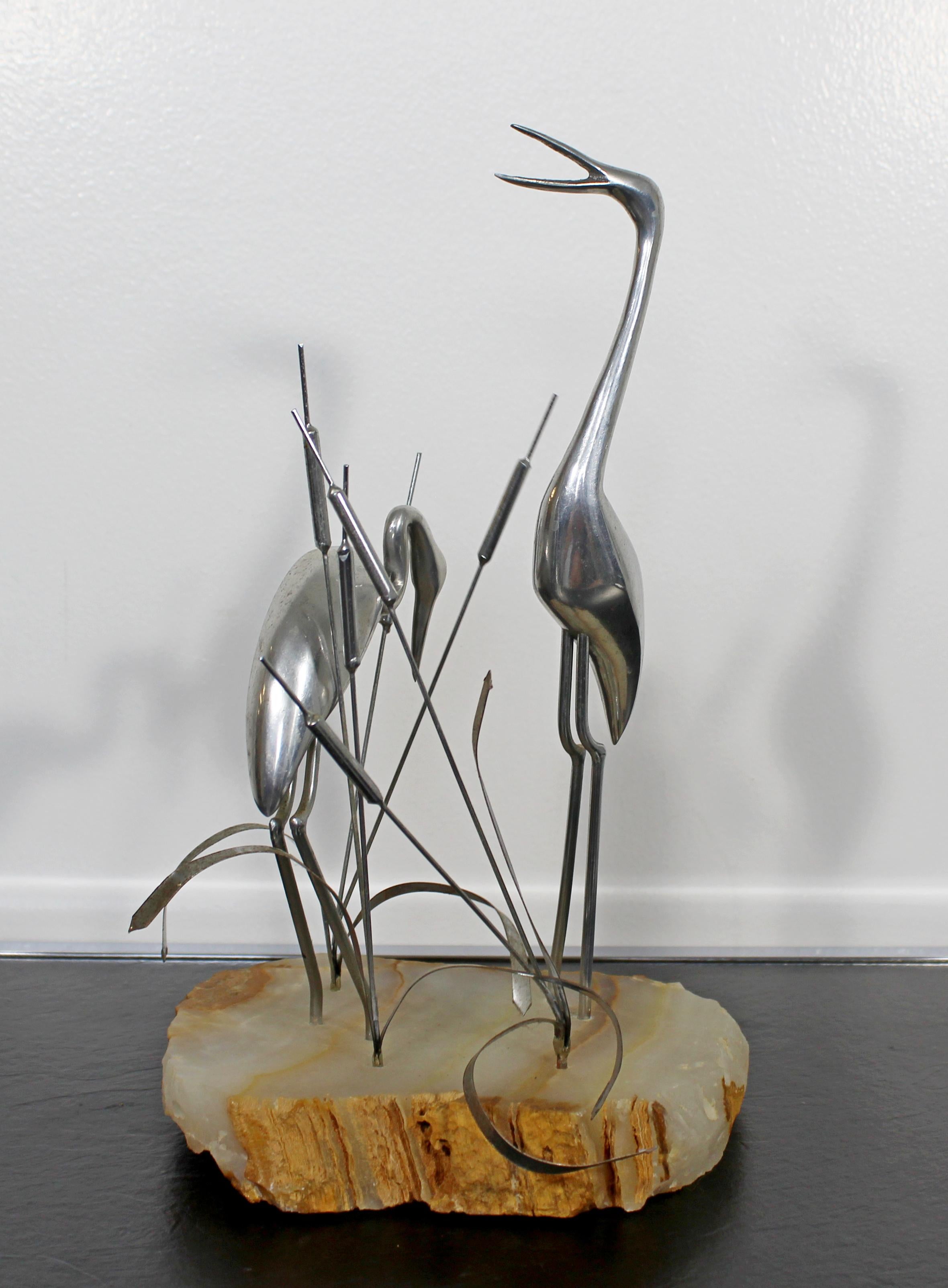 Mid-Century Modern Curtis Jere Signed Metal Stone Table Sculpture 1987 Herons 1