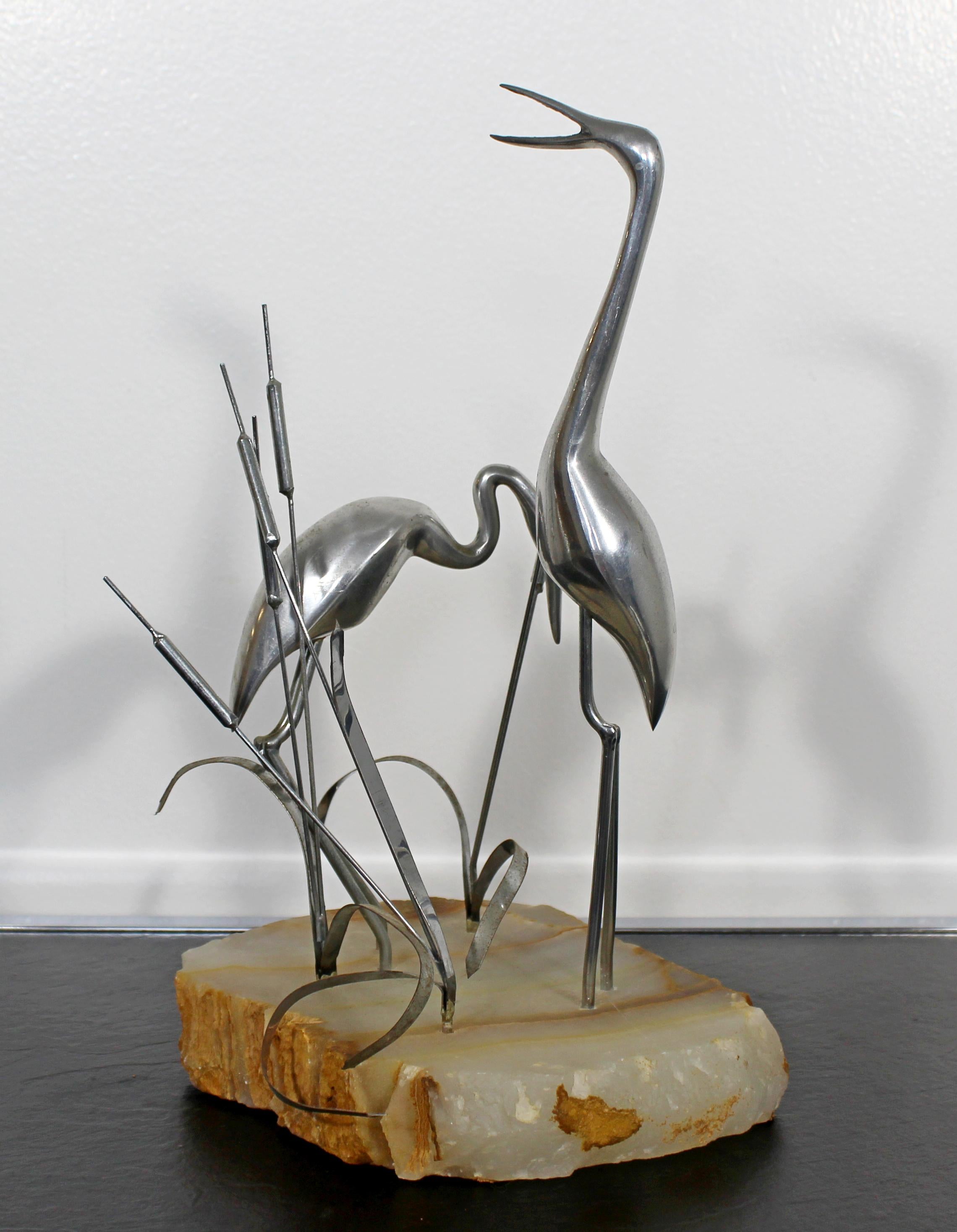 Mid-Century Modern Curtis Jere Signed Metal Stone Table Sculpture 1987 Herons 2