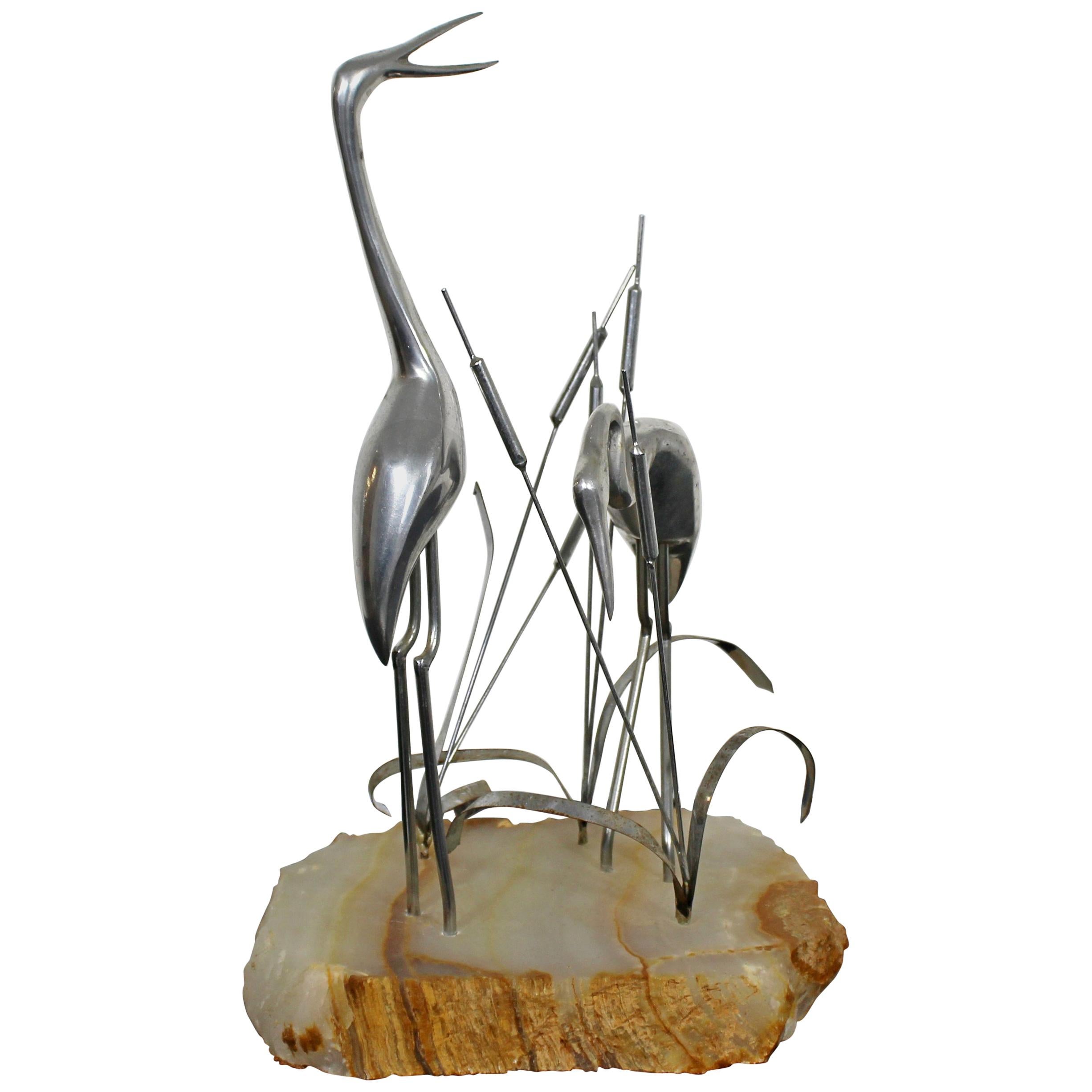 Mid-Century Modern Curtis Jere Signed Metal Stone Table Sculpture 1987 Herons