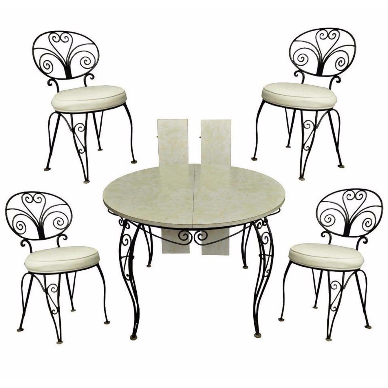 Mid-Century Modern Curule Wrought Iron Patio Dining Set Table Four Chairs