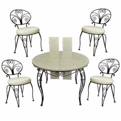 Vintage Mid-Century Modern Curule Wrought Iron Patio Dining Set Table Four Chairs