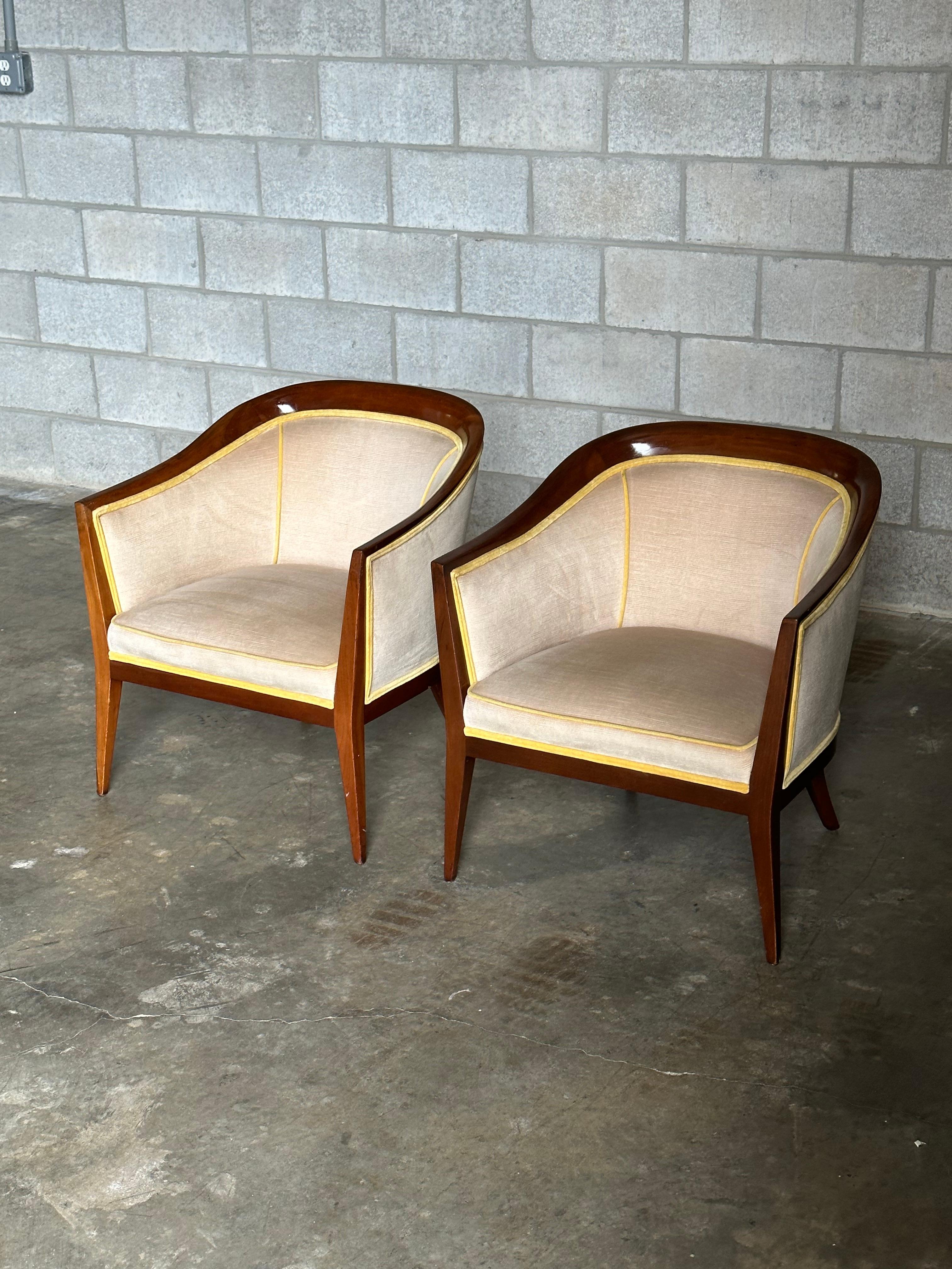 Mid-20th Century Mid Century Modern Curved Back Arm Chairs Walnut Accents After Harvey Probber