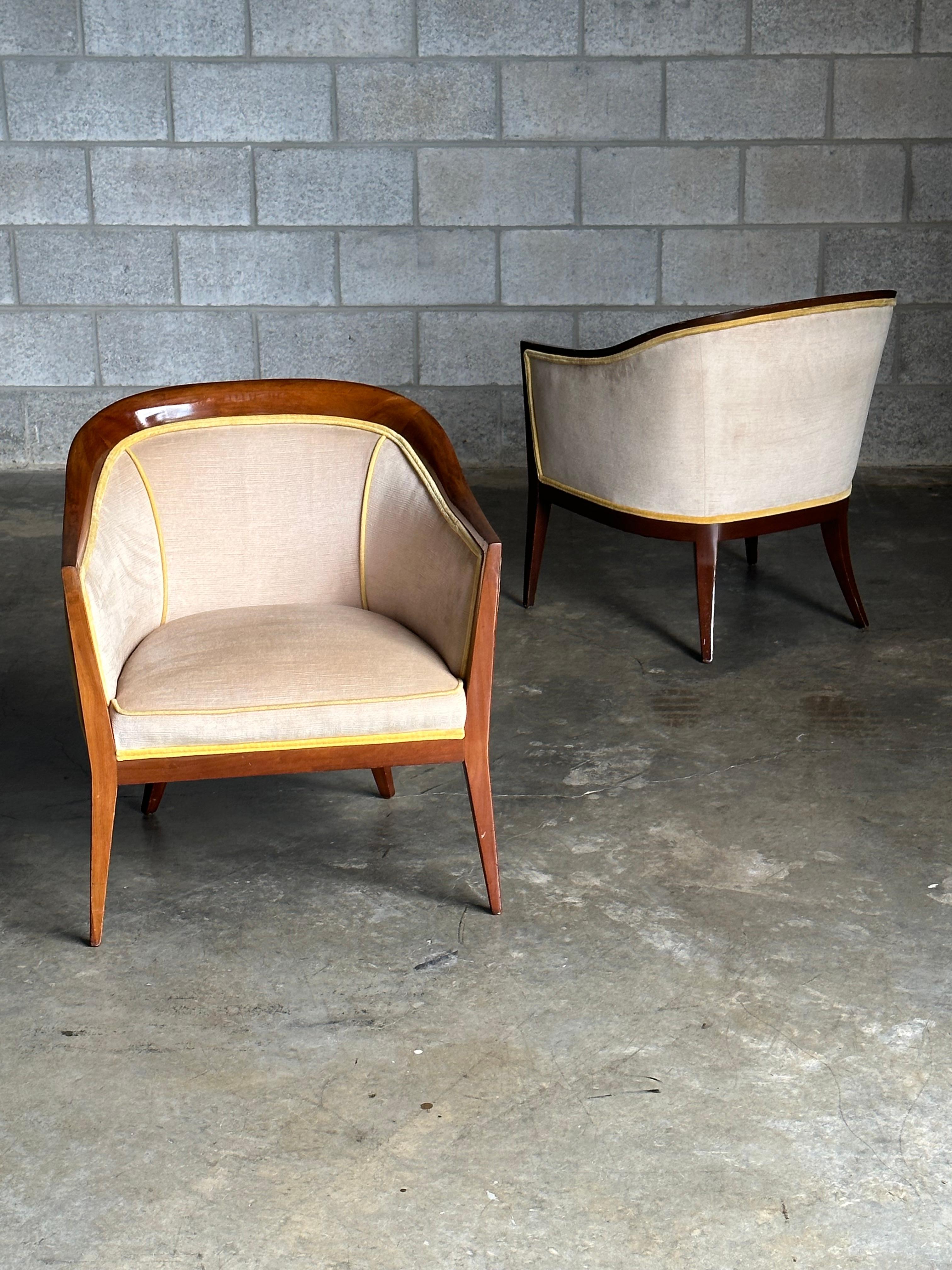 Mid Century Modern Curved Back Arm Chairs Walnut Accents After Harvey Probber 2