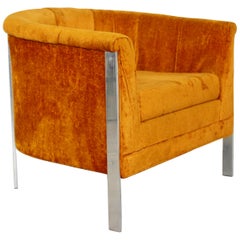 Mid-Century Modern Curved Flat Bar Chrome Barrel Armchair Baughman Style, 1970s