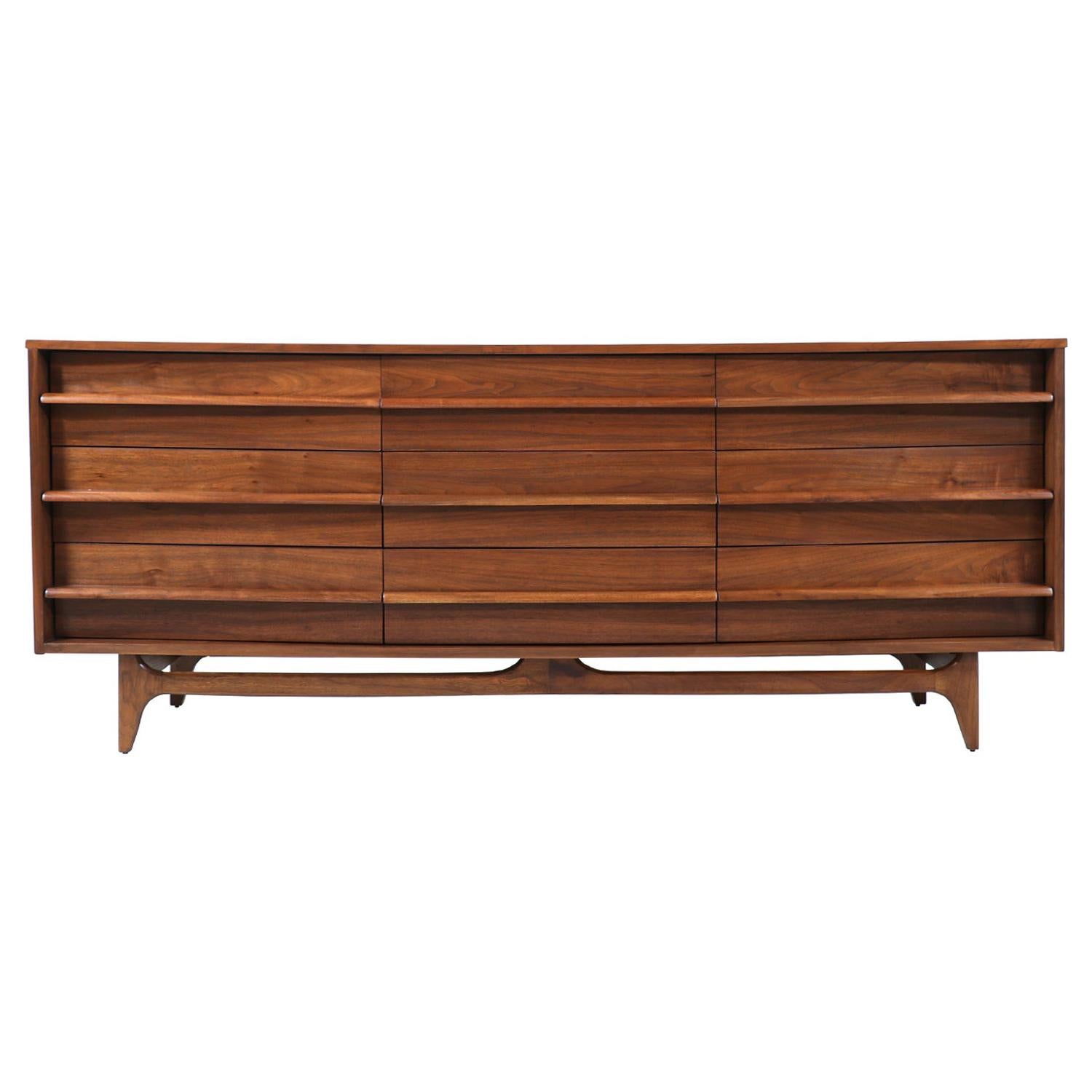 Mid-Century Modern Curved-Front Walnut Dresser by United Furniture