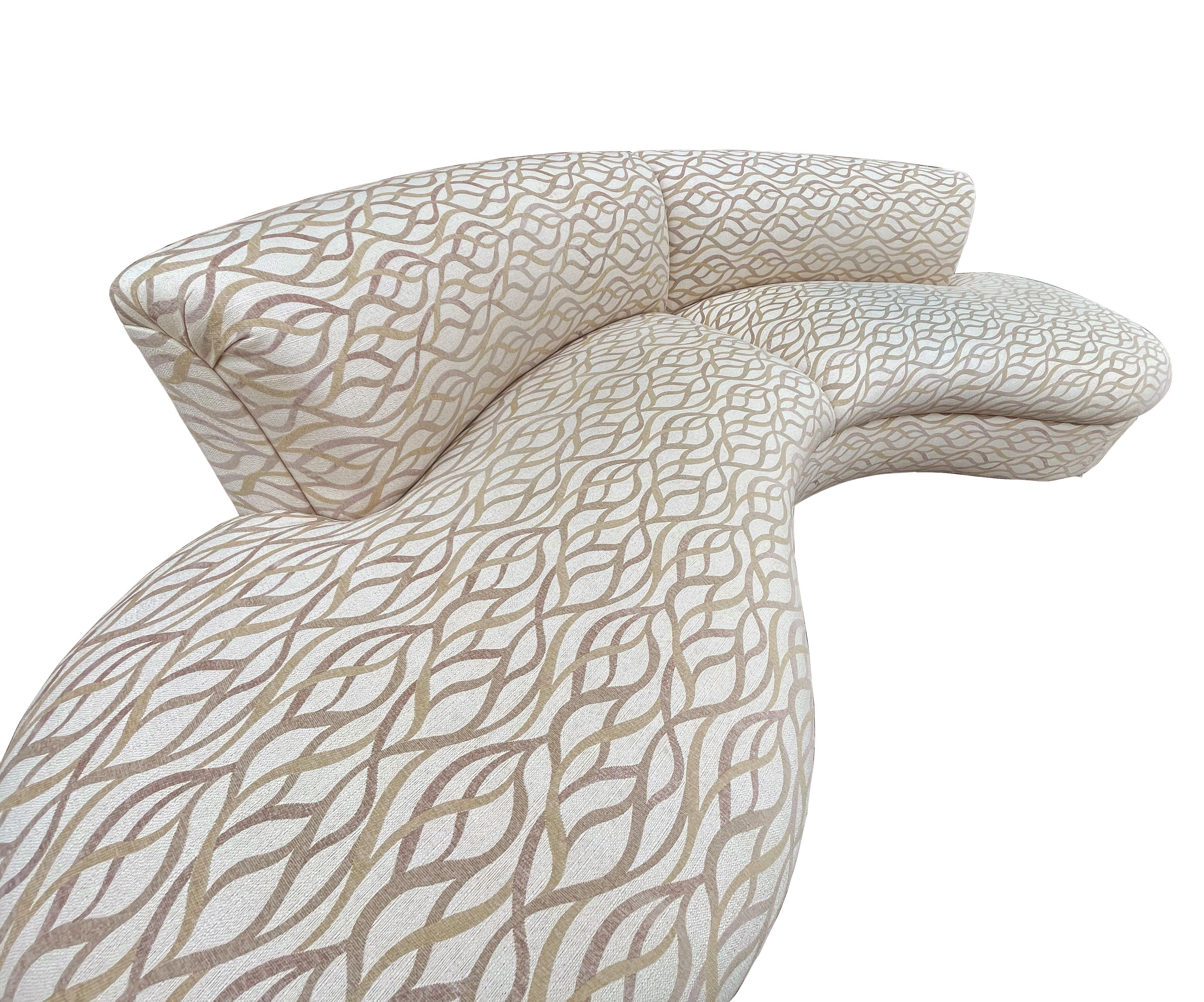 American Mid-Century Modern Curved Kidney Shape Sofa in Creme Print Fabric