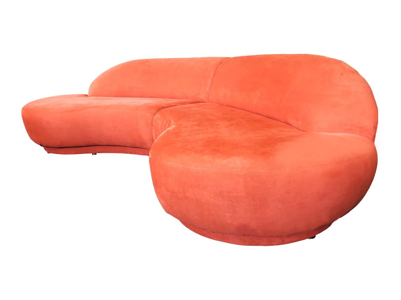 A stunning beauty design by Milo Baughman and produced by Thayer Coggin, circa 1980s. The sofa has it's original light orange velvet. Very clean and presentable with some light fading to the back as shown. Manufacture label present.