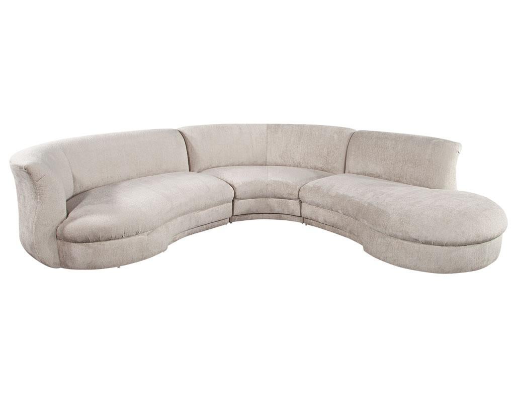 Mid-Century Modern Curved Sectional Sofa by Weiman in Grey Fabric USA 1970's. Original Mid-Century Modern curved design with unique accents. Masterfully restored and reupholstered in a designer grey textured velvet. Due to the size of the item and