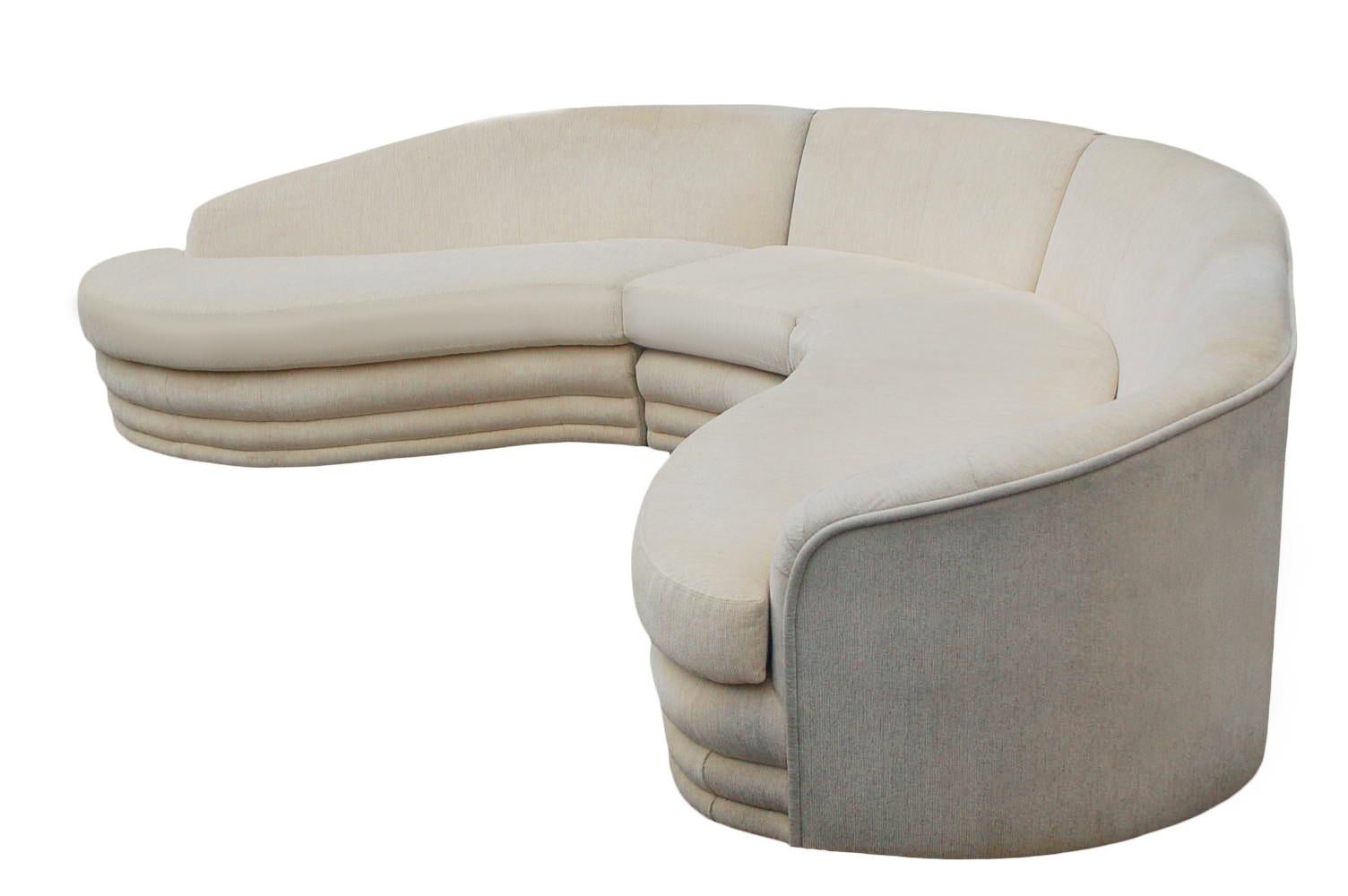 American Mid-Century Modern Curved Serpentine Sectional Sofa in Off-White Velour