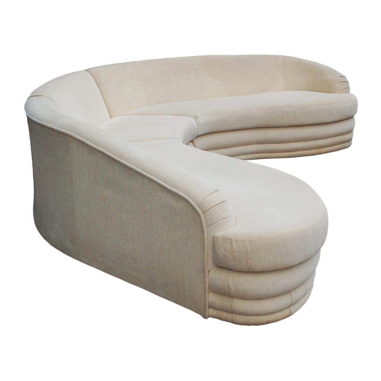 Mid-Century Modern Curved Serpentine Sectional Sofa in Off-White Velour