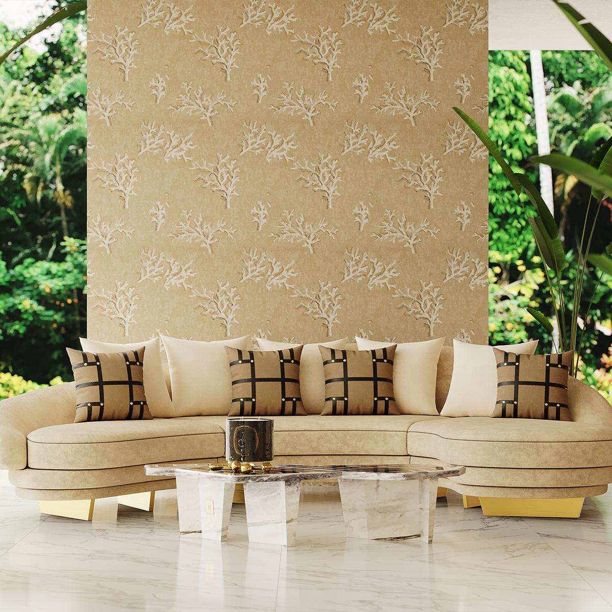 Modernes geschwungenes Serpentinen-Sofa aus gelbem Samt mit Gold- und Holzdetails im Angebot 3