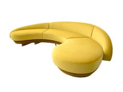 Modern Curved Serpentine Sofa in Yellow Velvet W Gold & Wood Details