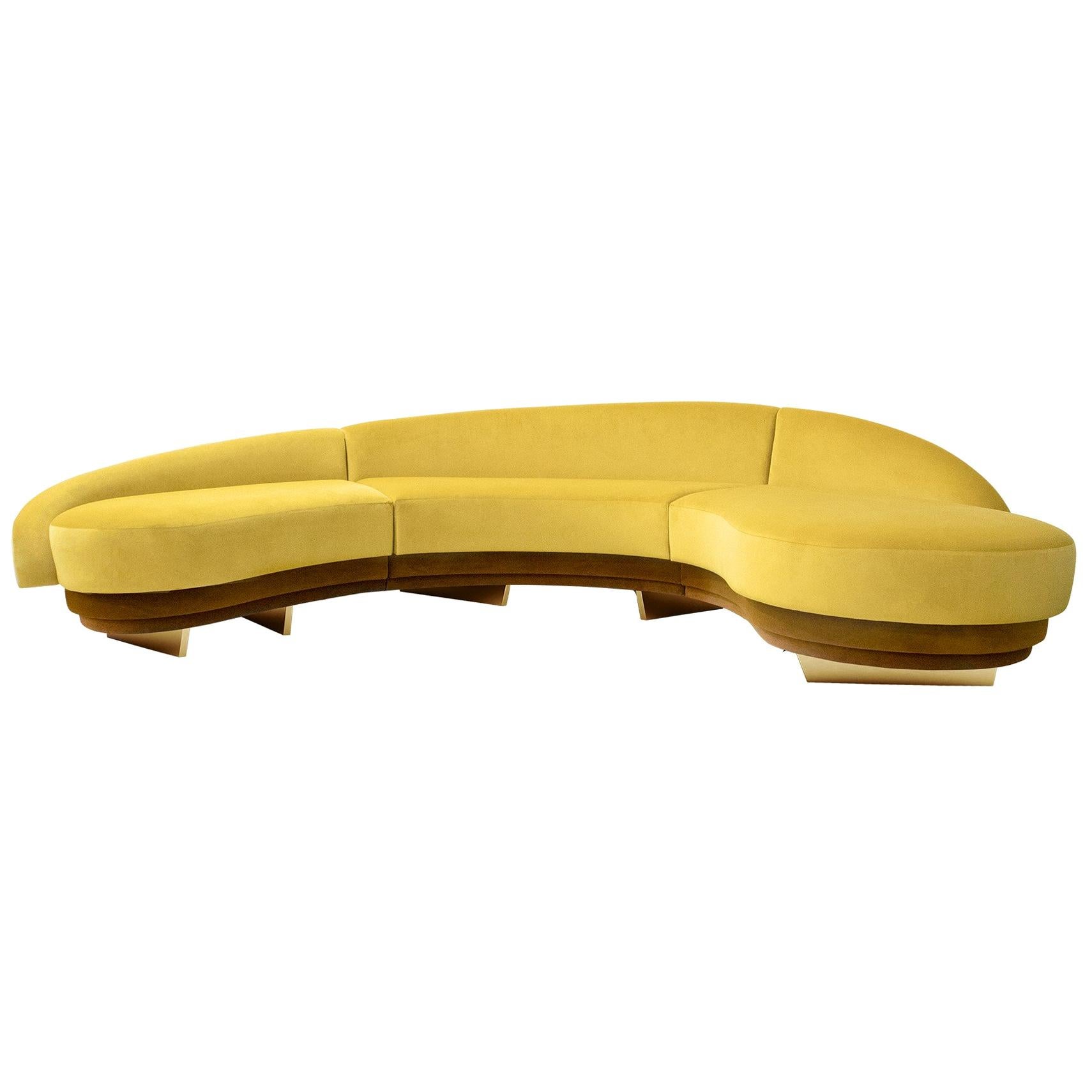 Mid-Century Modern Curved Serpentine Sofa in Yellow Velvet Gold & Wood Details