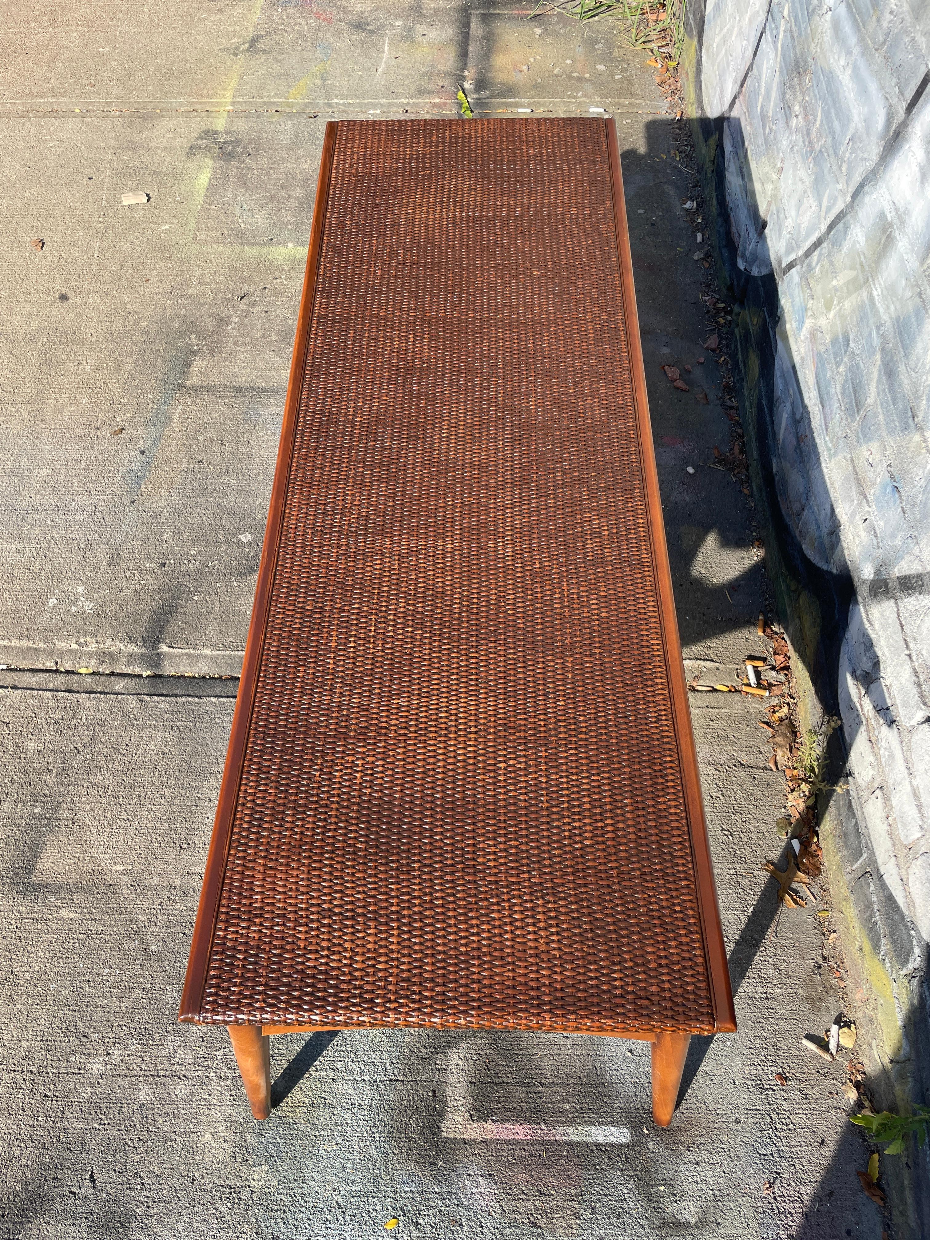 Mid-Century Modern Curved Woven Cane Bench by Baker In Good Condition In BROOKLYN, NY