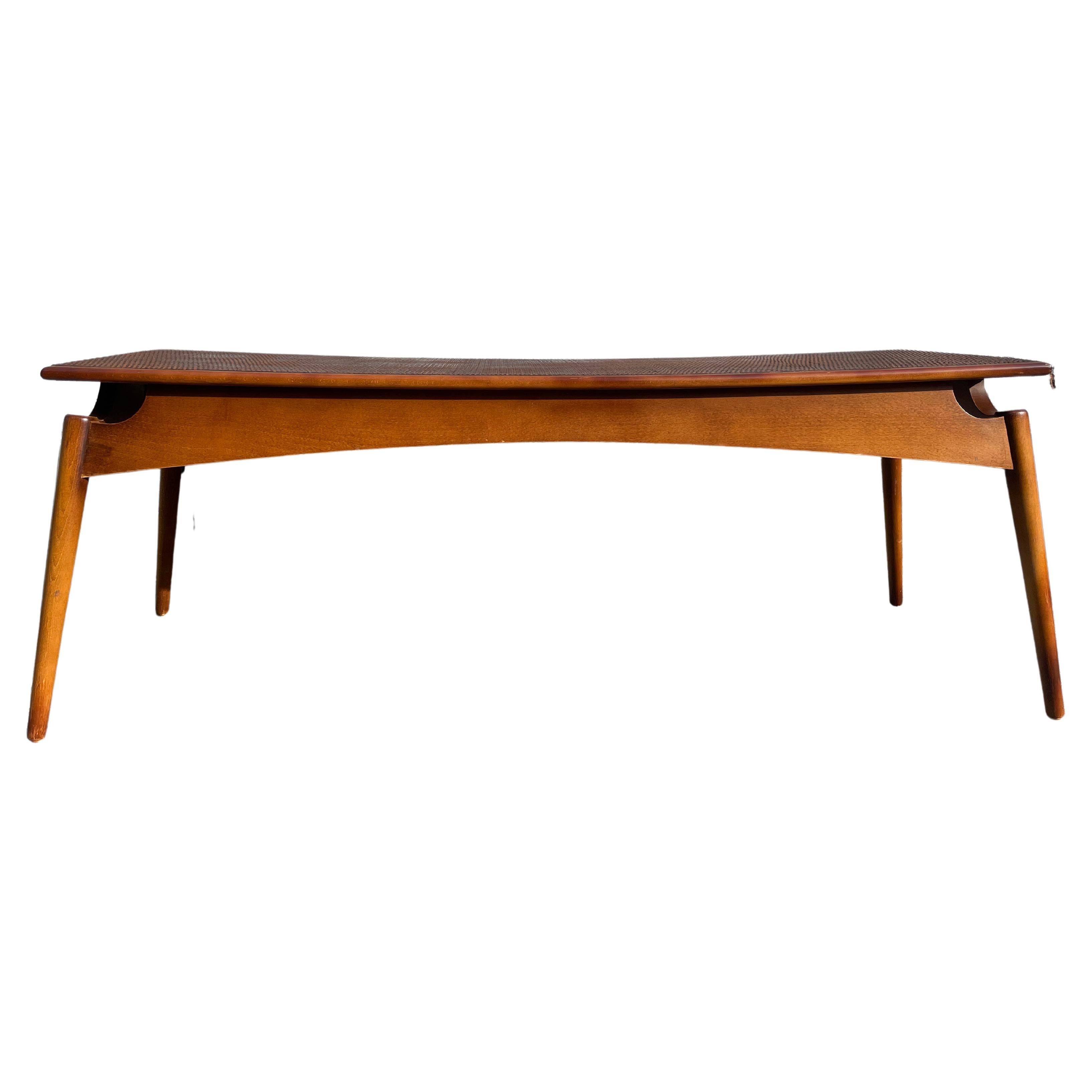 Mid-Century Modern Curved Woven Cane Bench by Baker