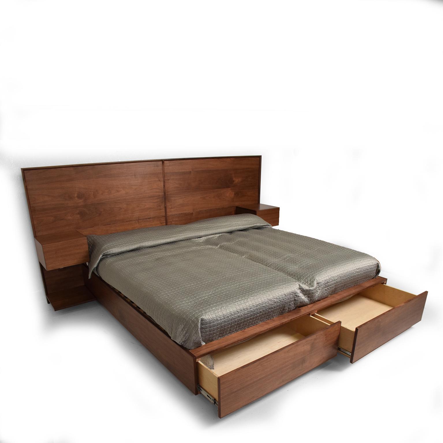 For your consideration, Mid-Century Modern custom king size Platform in walnut wood, floating nightstands USB Ports. 

Custom built with tall headboard (50