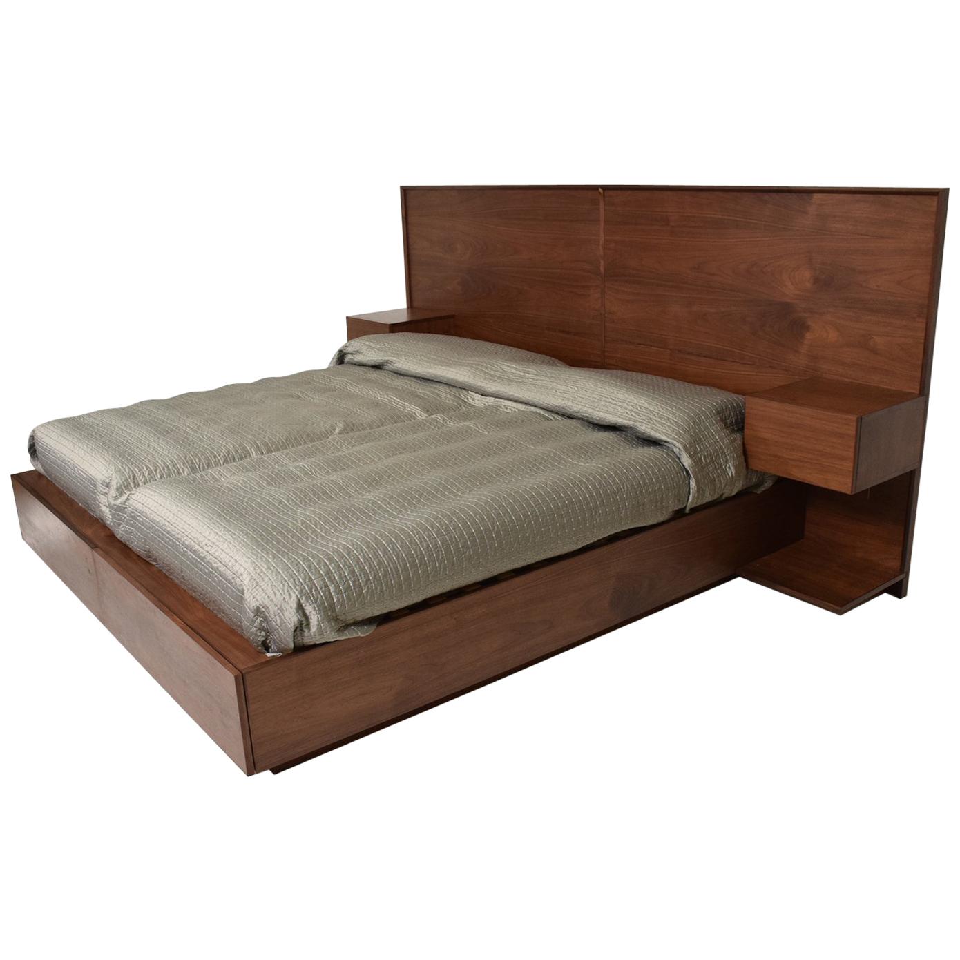 Mid-Century Modern Custom King Size Platform in Walnut Wood, Floating Nightstand