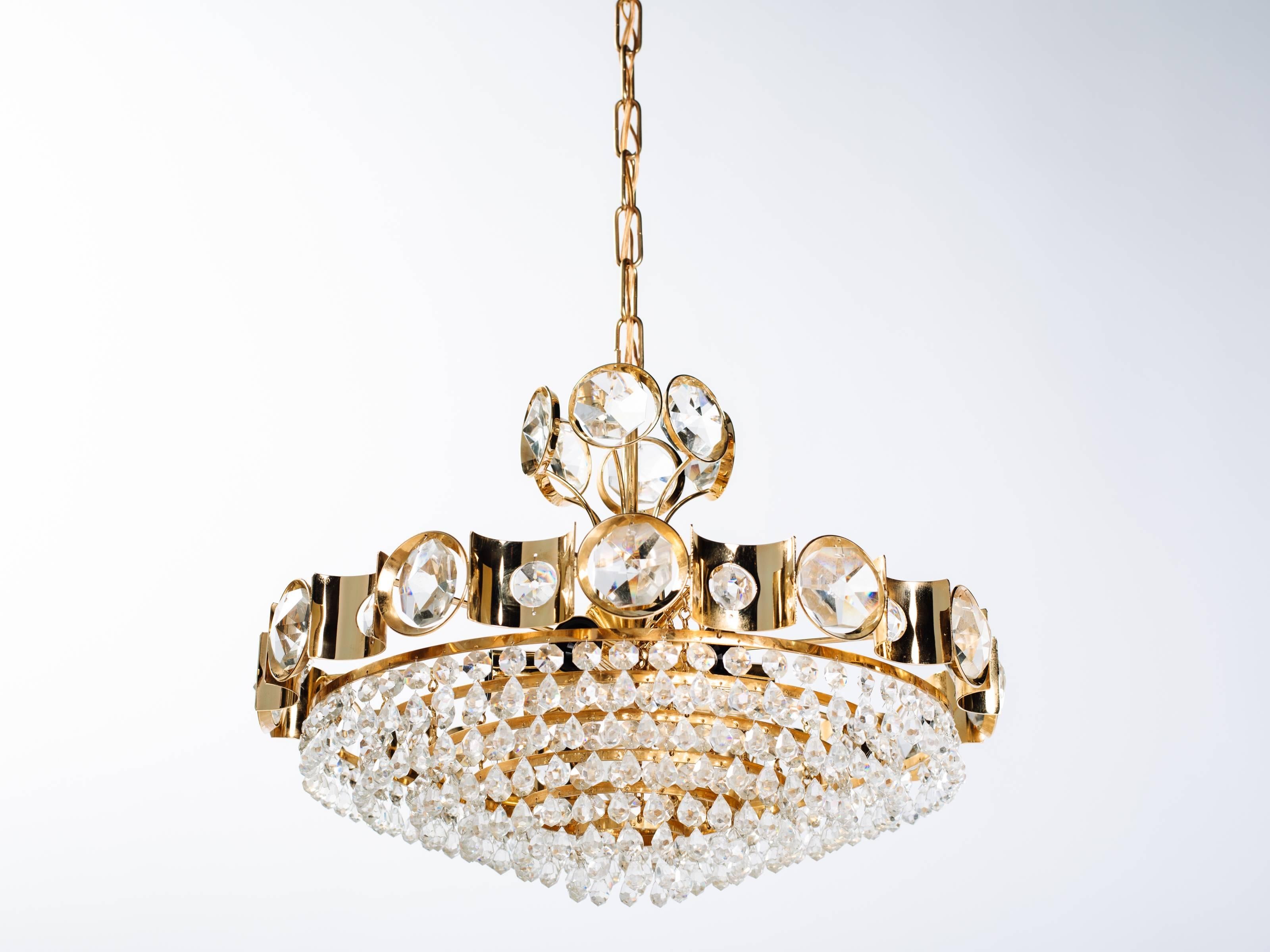 Austrian Lobmeyr Gold Plated Brass and Cut Crystal Chandelier, circa 1960s For Sale