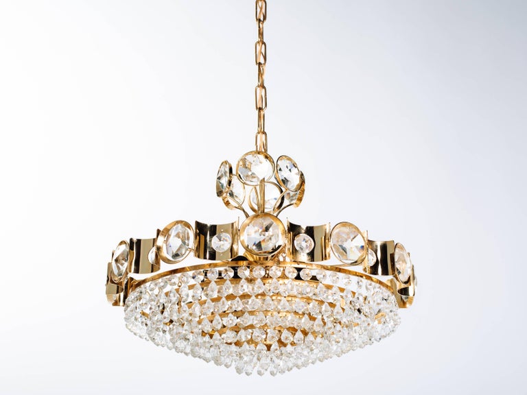 Hand-Crafted Hollywood Regency Cut Crystal and Gold Plated Chandelier by Lobmeyr, c. 1960's For Sale