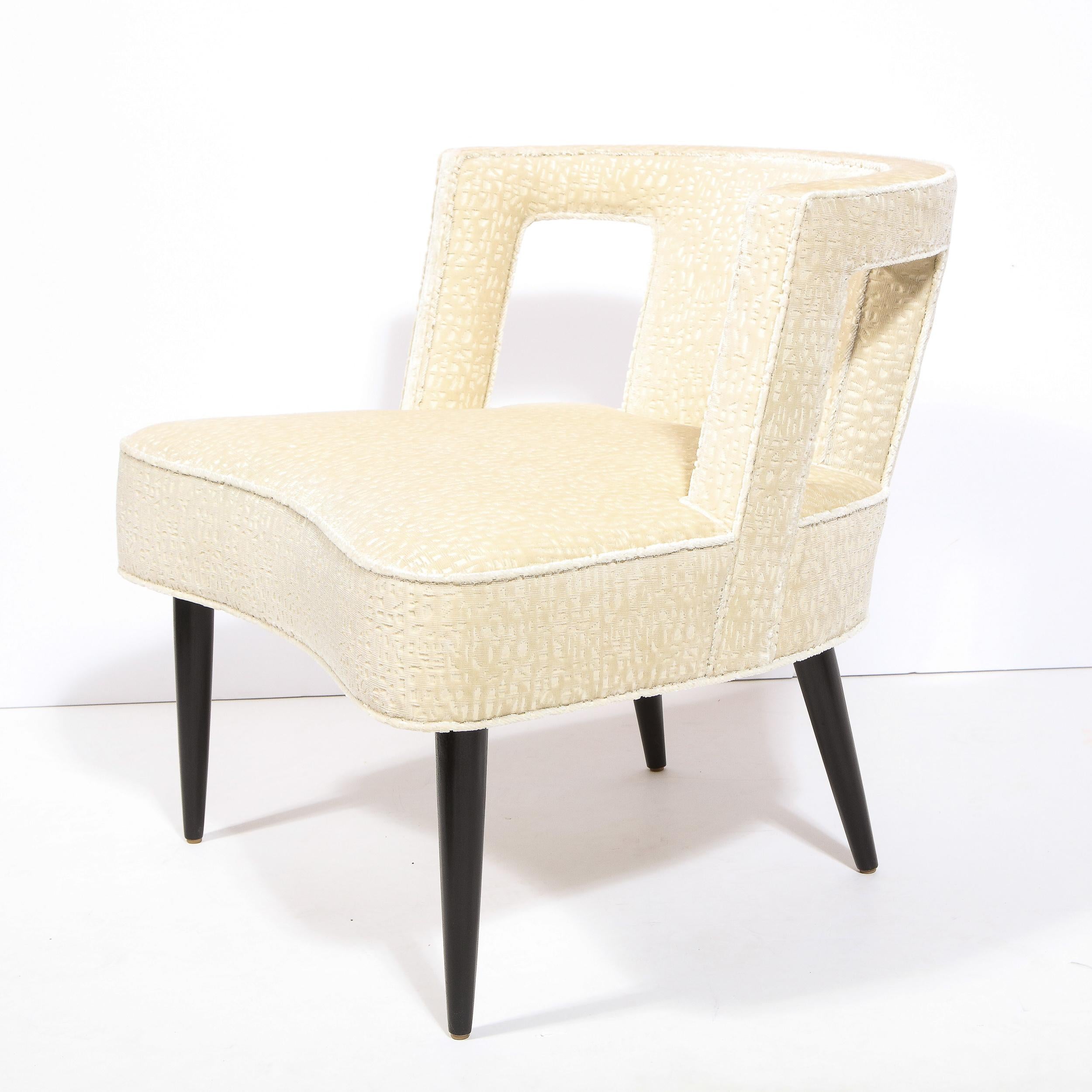 Mid-Century Modern Cutout Barrel Back Chair in Pearl Holly Hunt Ecriture Velvet For Sale 1