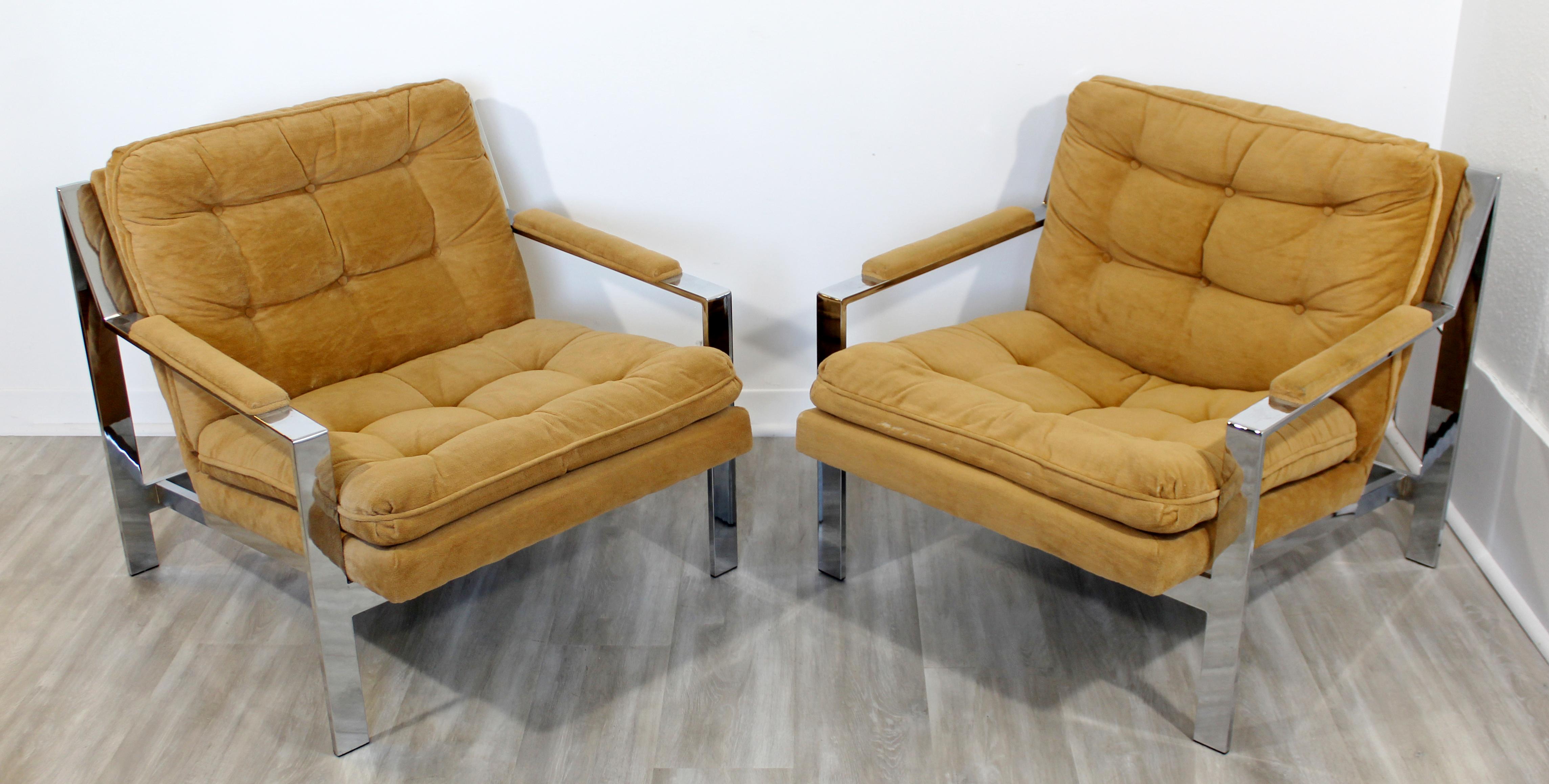 American Mid-Century Modern Cy Mann Pair of Chrome Flat Bar Lounge Chairs Baughman Style