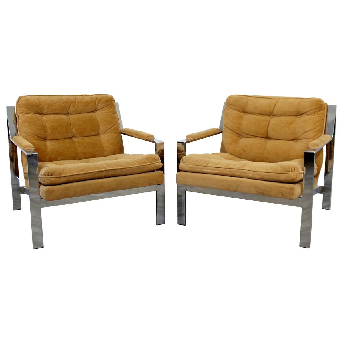 Mid-Century Modern Cy Mann Pair of Chrome Flat Bar Lounge Chairs Baughman Style