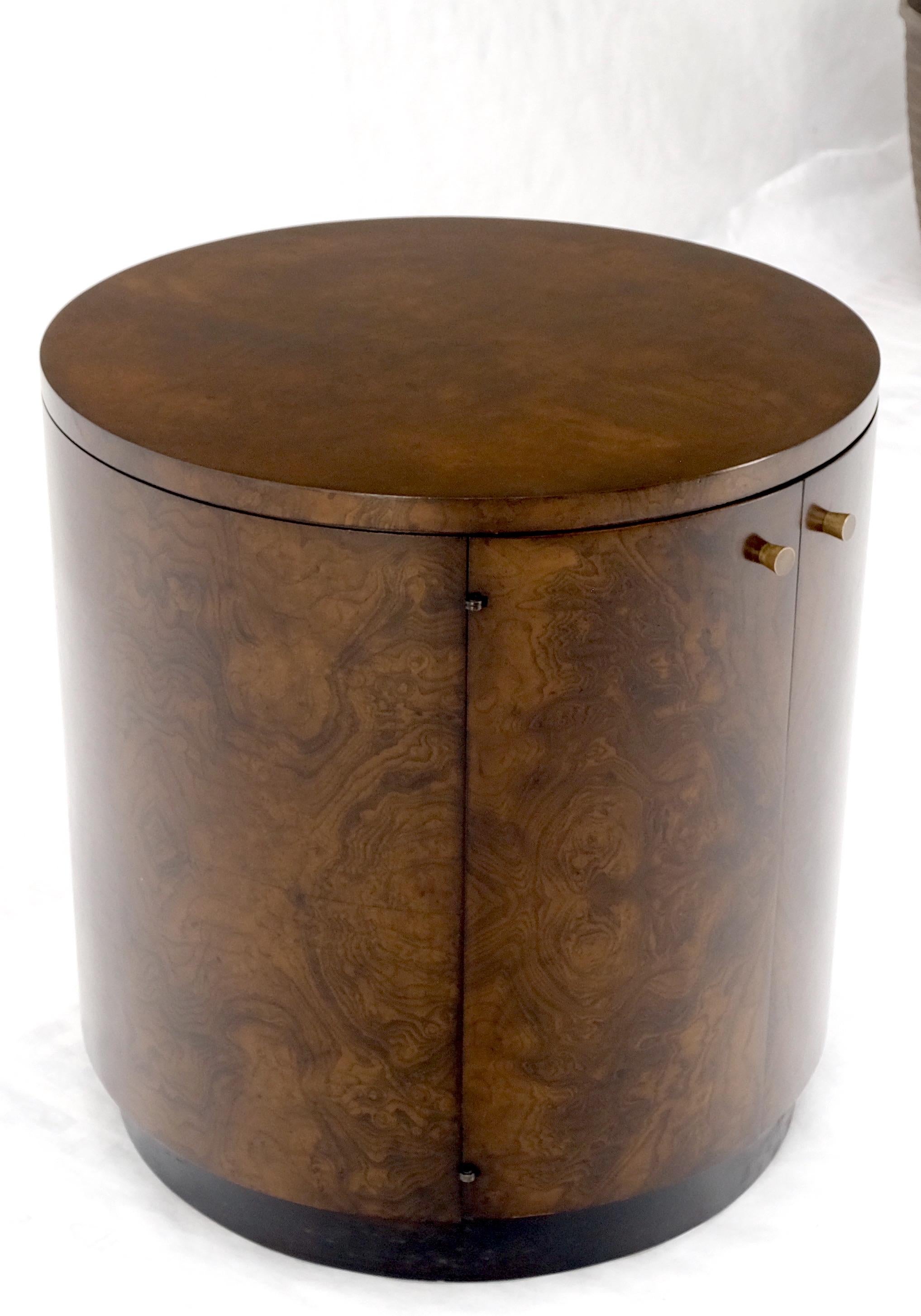 Lacquered Mid-Century Modern Cylinder Drum Shape Burl Wood End Side Table Nightstand Mint! For Sale