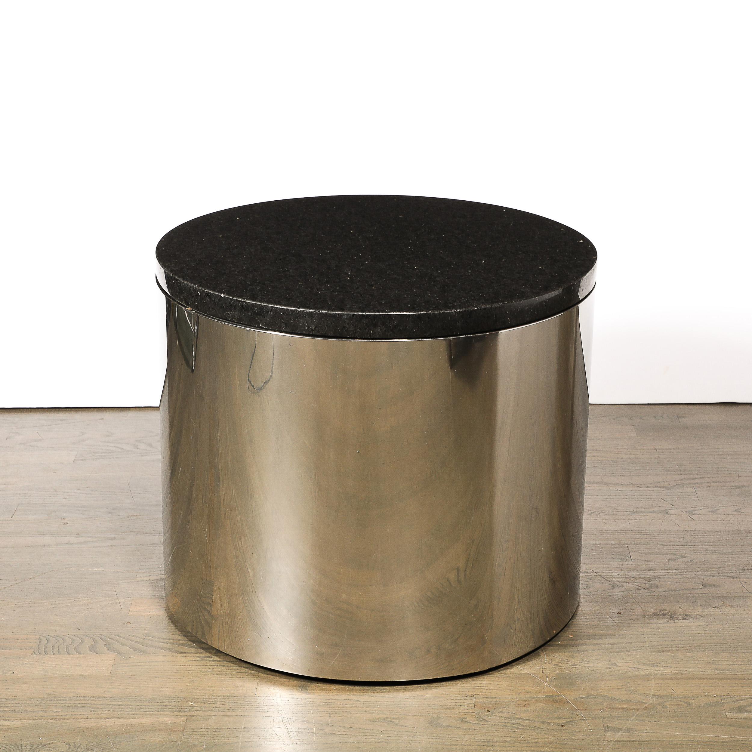 Table d'appoint en forme de tambour cylindrique, en chrome et granit, mi-siècle moderne en vente 1