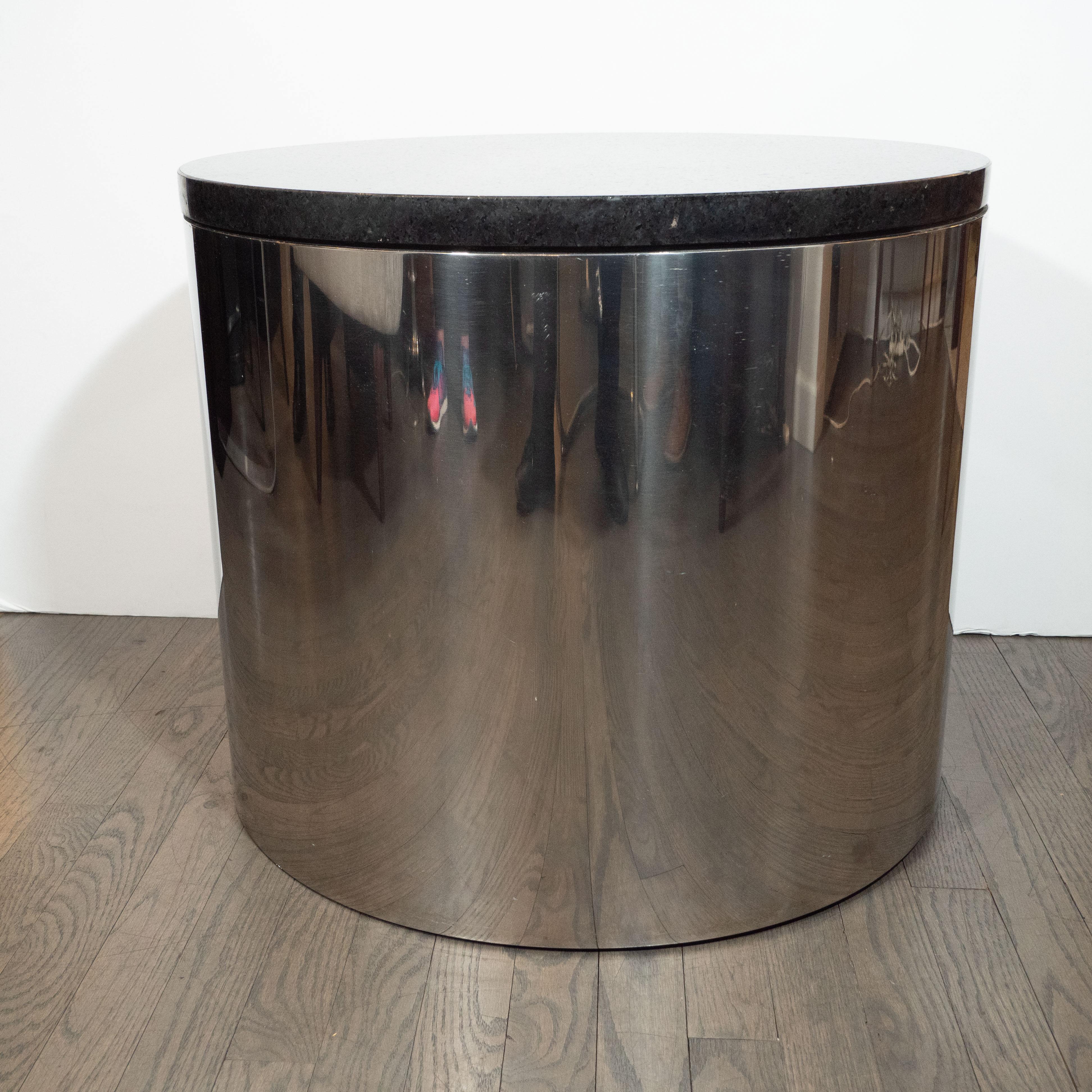 Mid-Century Modern Cylindrical Drum Form Chrome and Granite Occasional Table In Excellent Condition In New York, NY